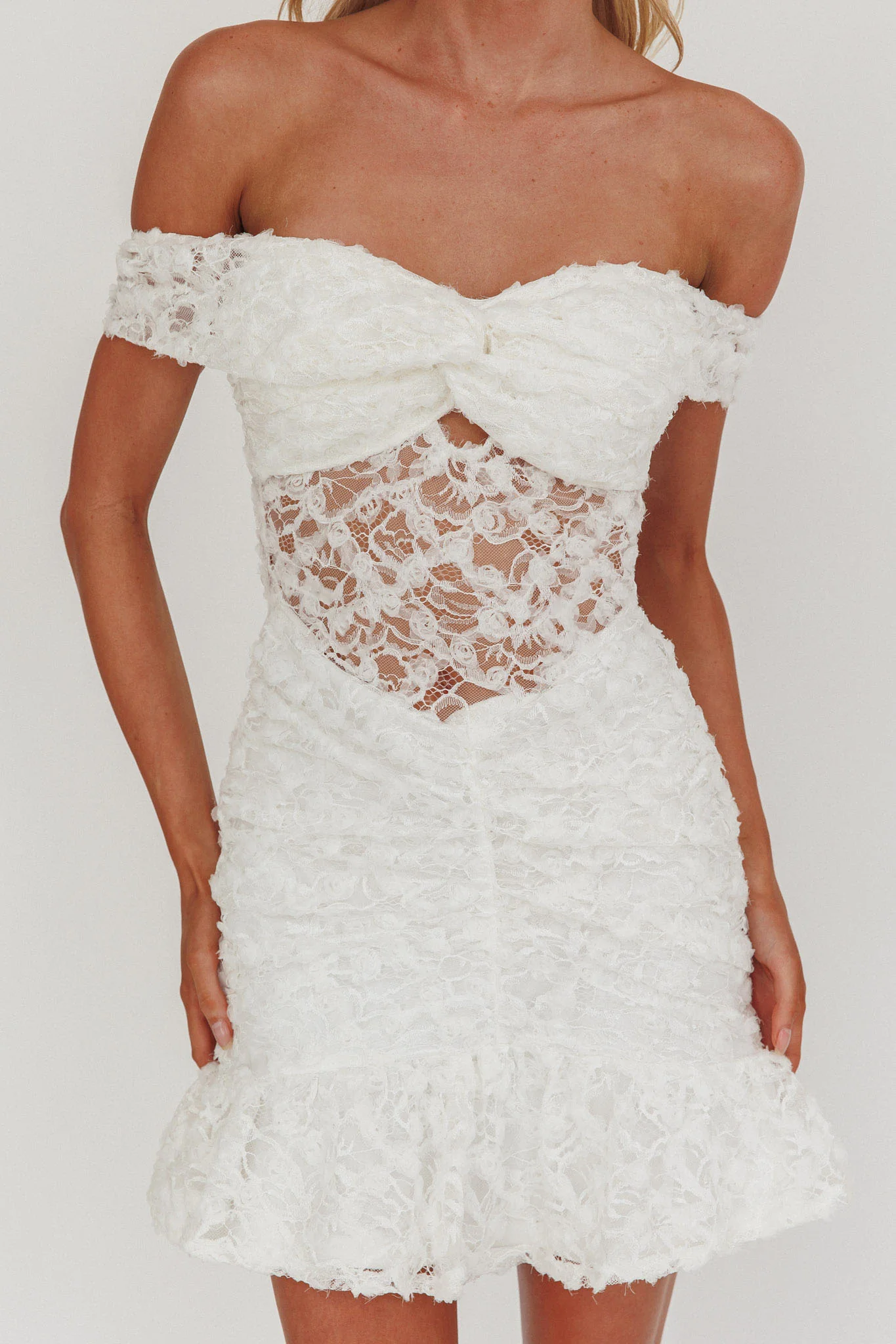 All The Lights Off-Shoulder Lace Mini Dress White - luluinthesky
