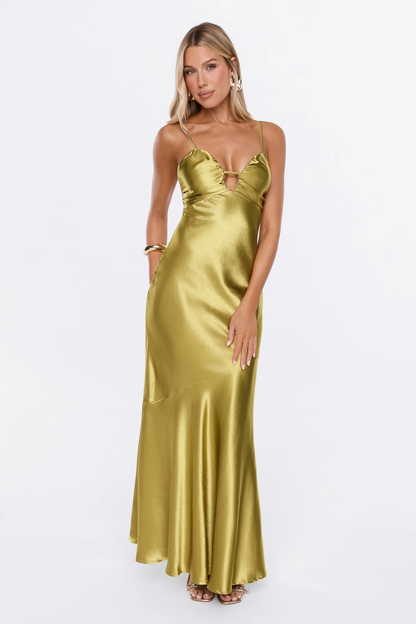 She Gets It Satin Maxi Dress Olive