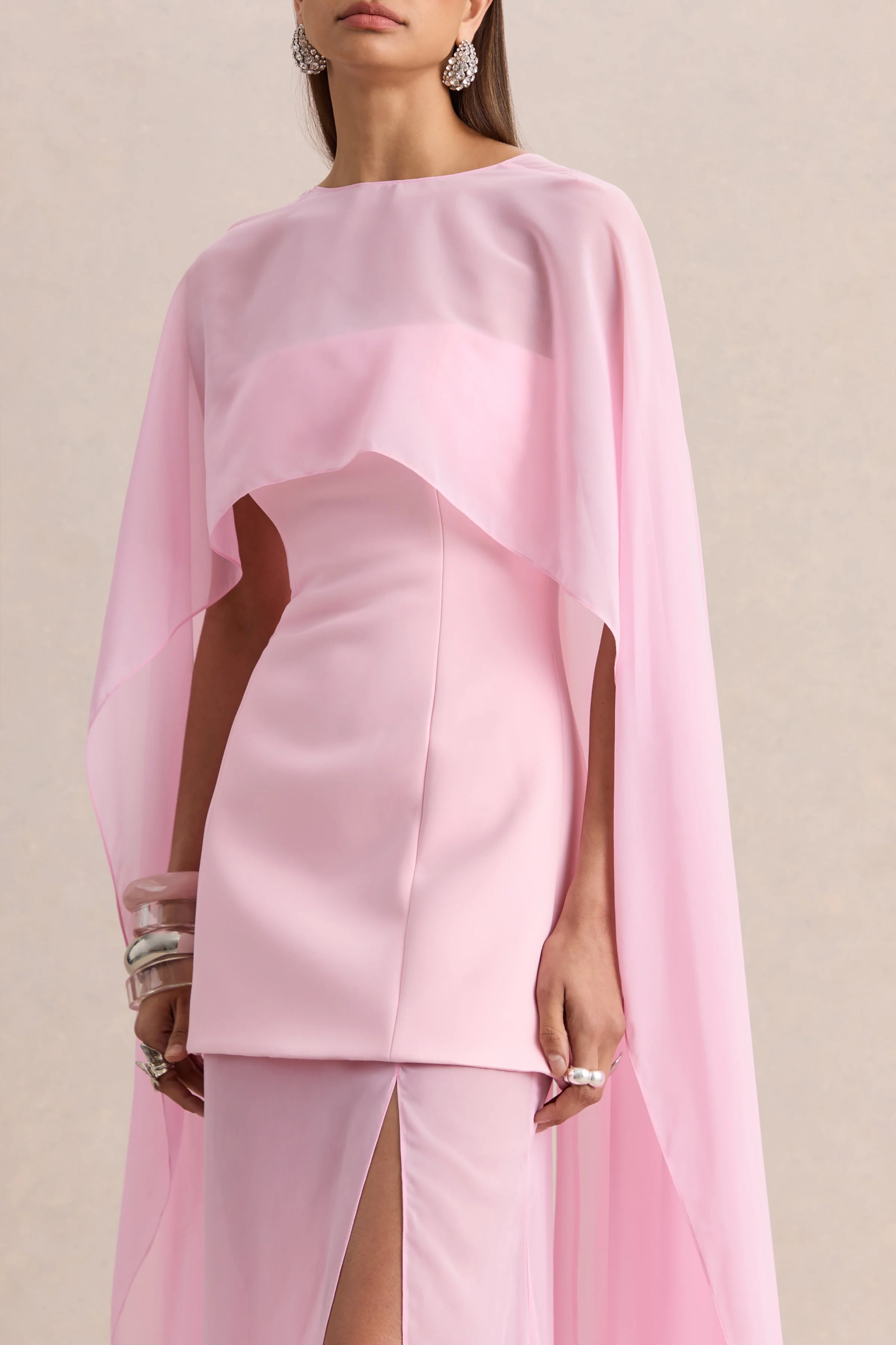 Chessa | Light Pink Boat-Neck Maxi Dress With Sheer Cape