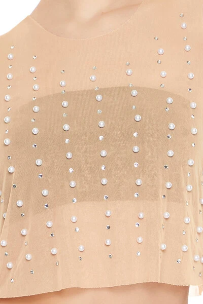 Mesh Faux Pearl Crop Top