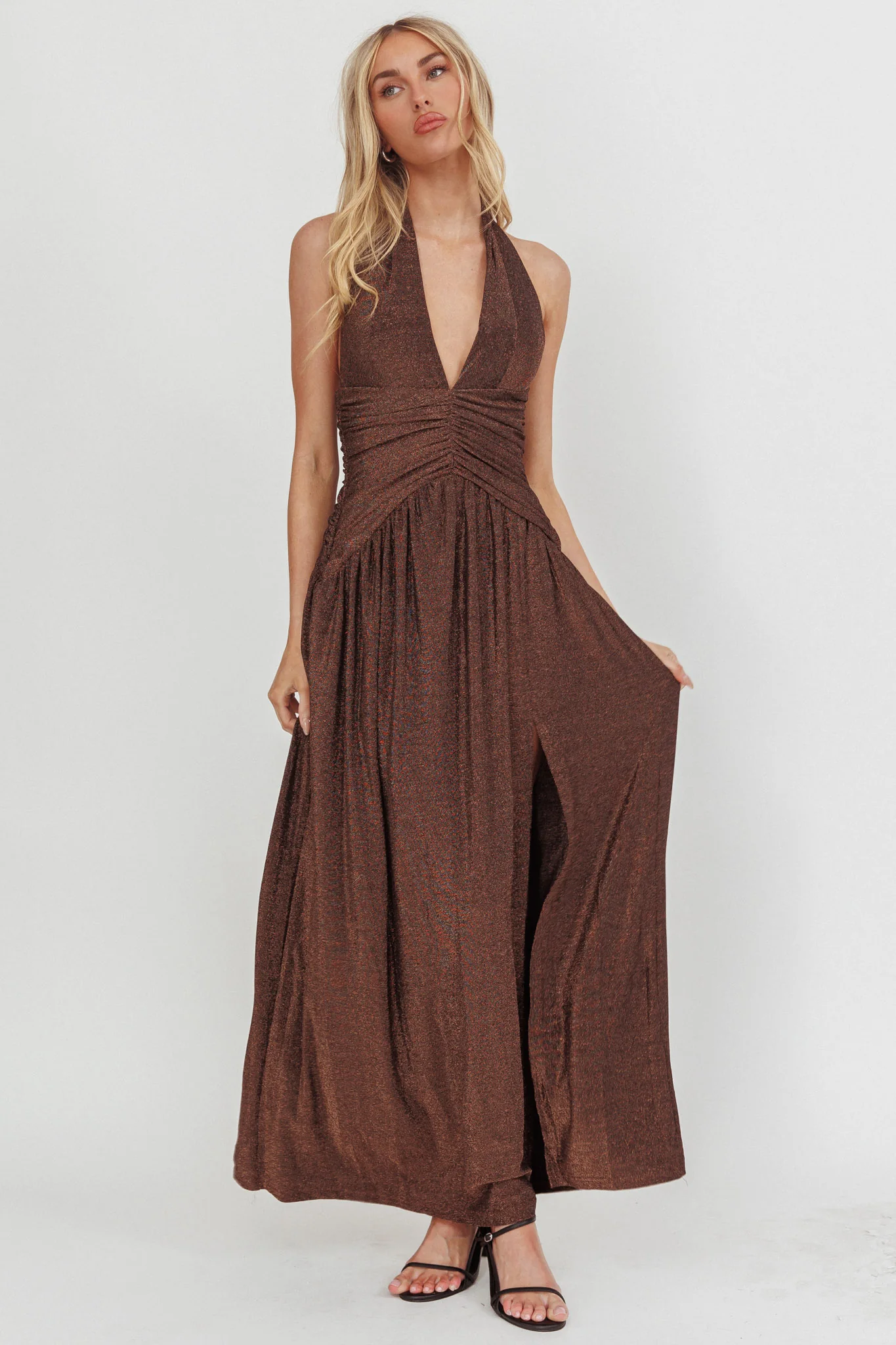 Italia Azure Gathered Waist Maxi Dress Shimmer Chocolate