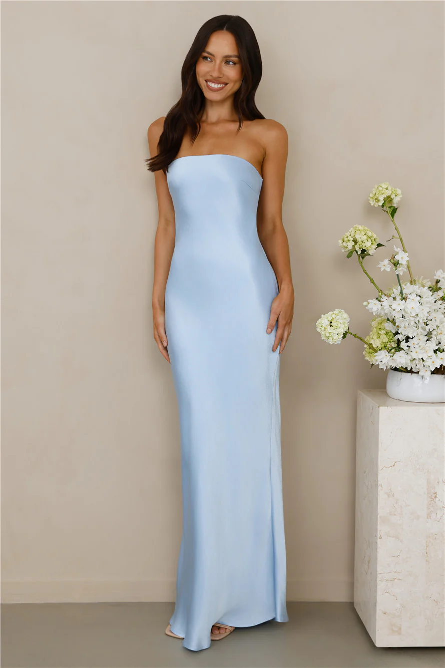 The Felicity Strapless Satin Maxi Dress Blue