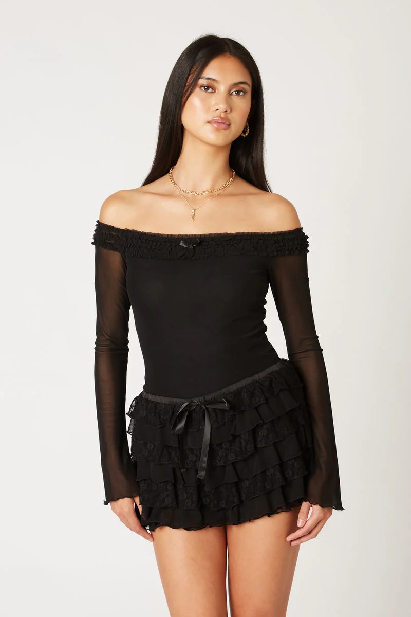 Off-The-Shoulder Ruffle Mesh Top