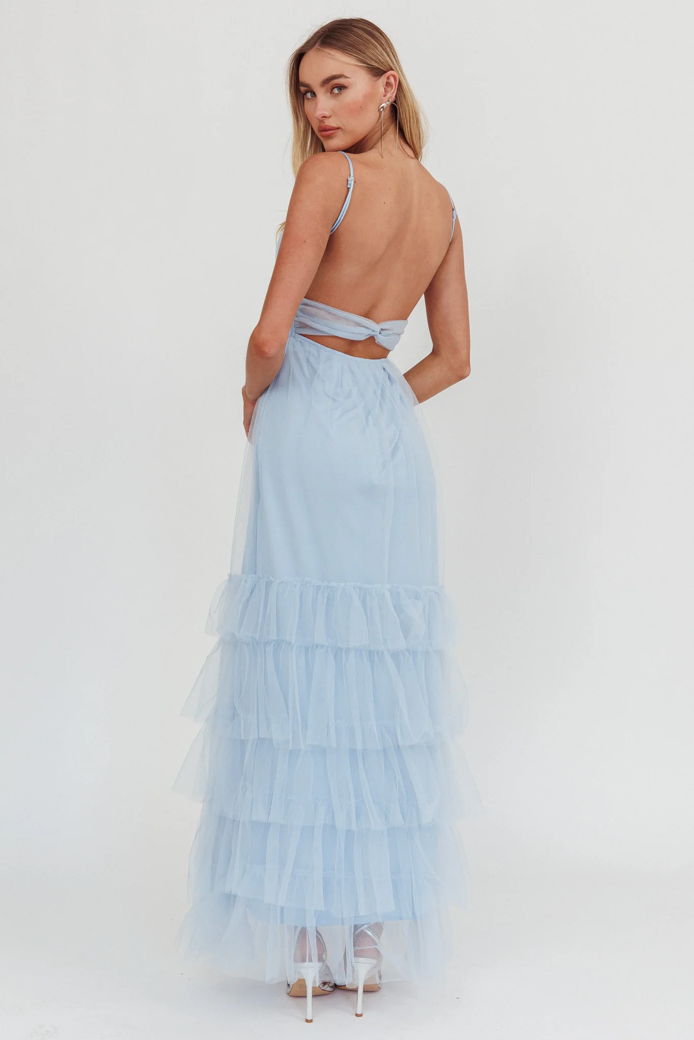 Nerida Twist Back Frill Trim Mesh Maxi Dress Steel Blue