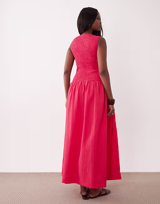crinkle scoop neck maxi sundress with shirred waist in fiery red