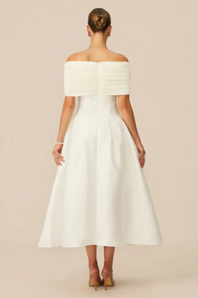 Vivian Off Shoulder Flare Satin Midi Dress