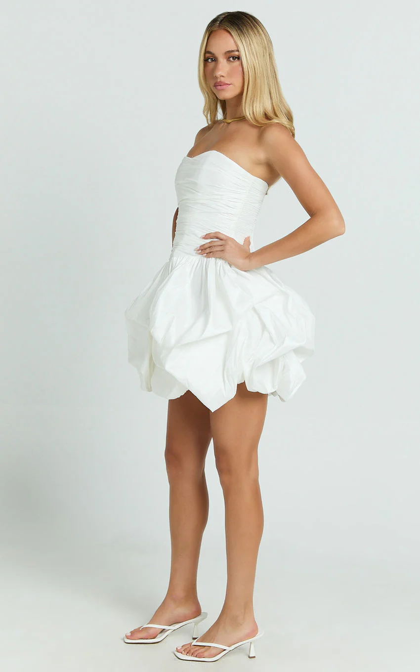 Deb Mini Dress - Ruched Strapless Bubble Hem Dress in Off White - luluinthesky