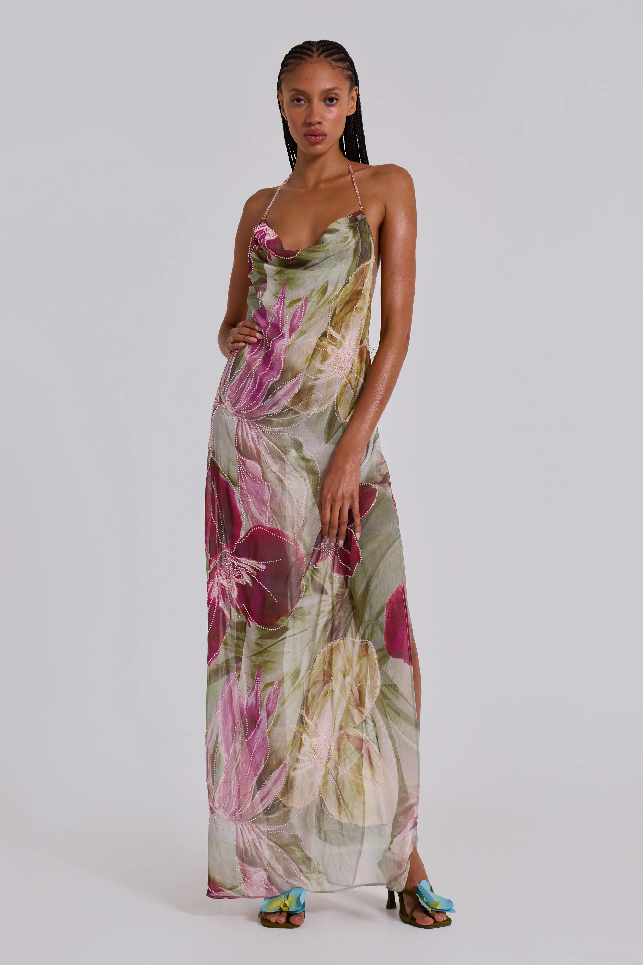 Dahlia Hand-Beaded Backless Chiffon Maxi Dress - luluinthesky