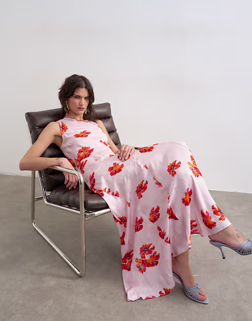 Topshop satin racer neck maxi dress in pink floral jacquard