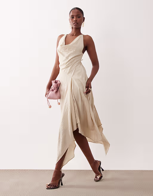 deep cowl asymmetric open back maxi dress in stone