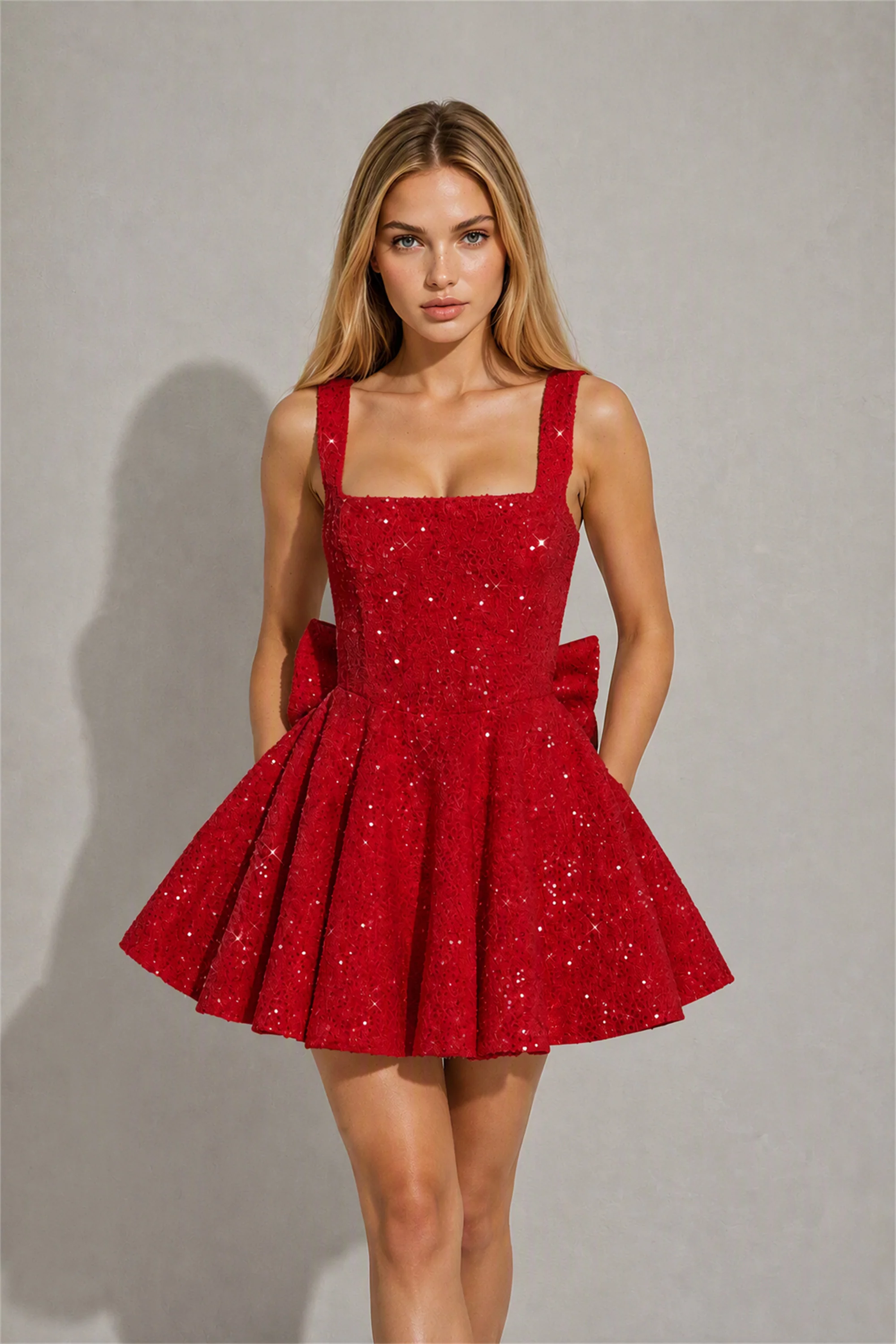 BOLODOO Red Sequin Square Neck Wide Strap Bow Waist Open Back Fit and Flare Mini Dress | Prom Birthday Party Dress