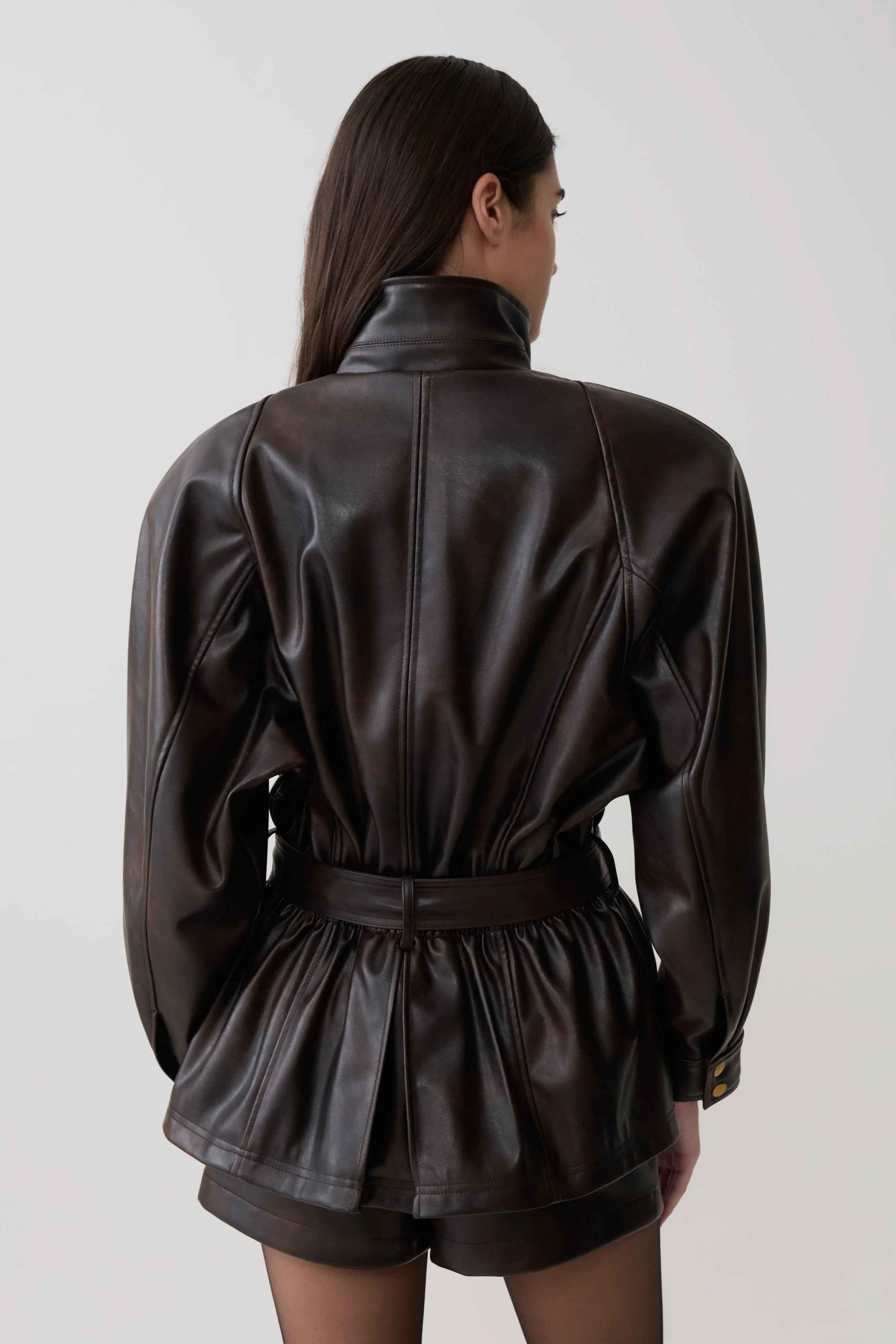 Adaline Faux Leather Cinch Waist Jacket - Dark Chocolate