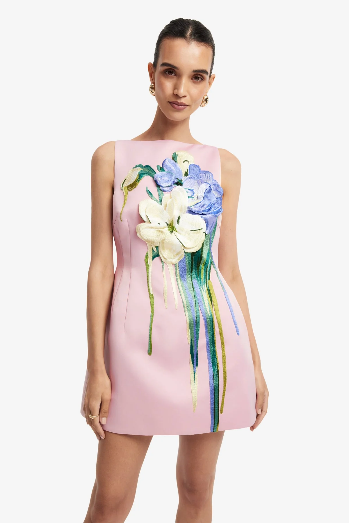 Ali Embroidered Boat Neck Mini Dress - Bouquet Print in Pastel Pink