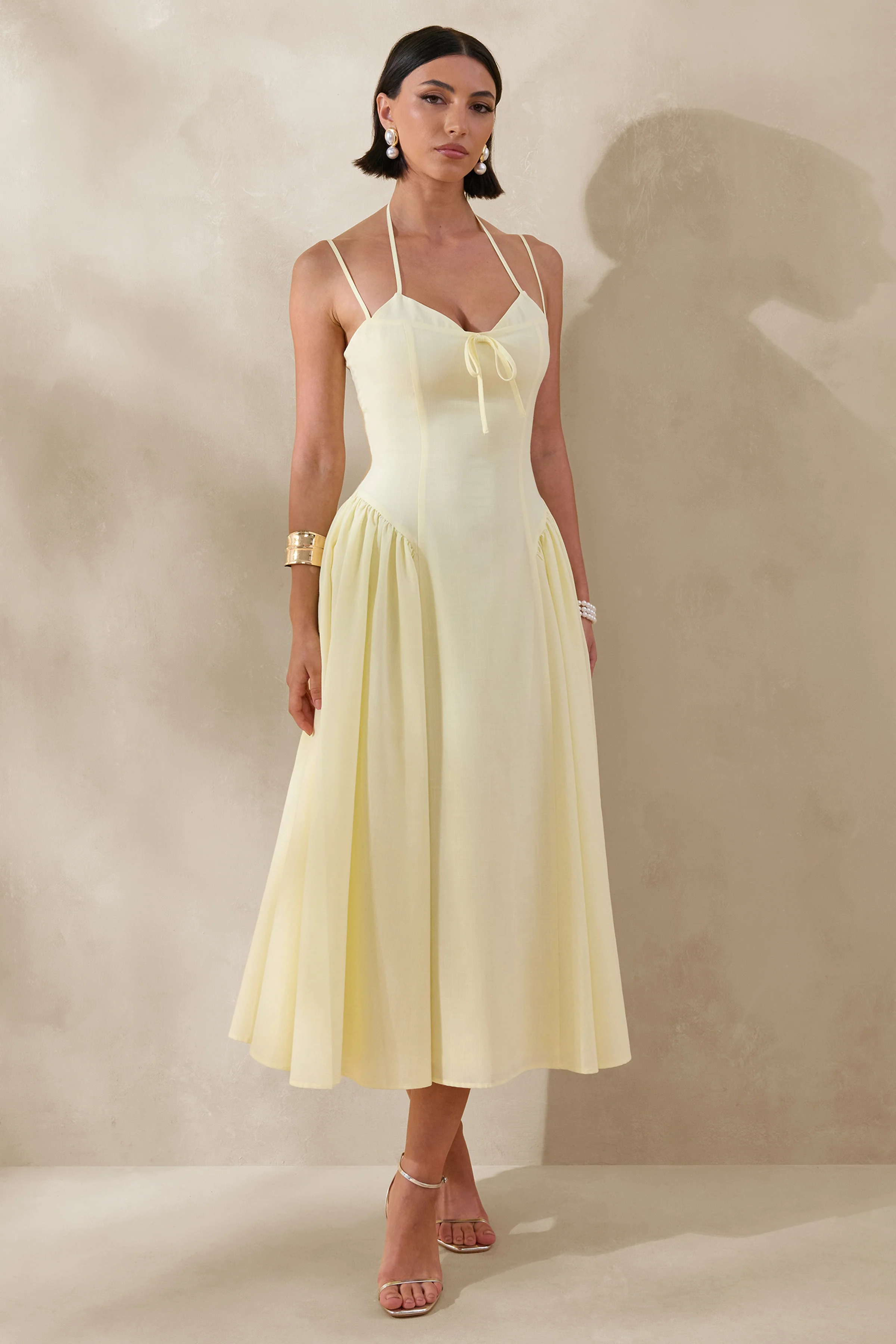 Audrey | Lemon Sweetheart-Neck Midi Dress With Ruching Detail