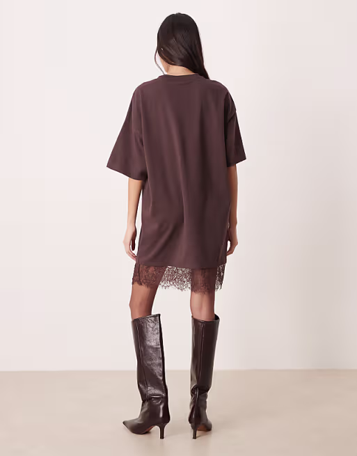 oversized mini dress with lace hem trim in chocolate brown