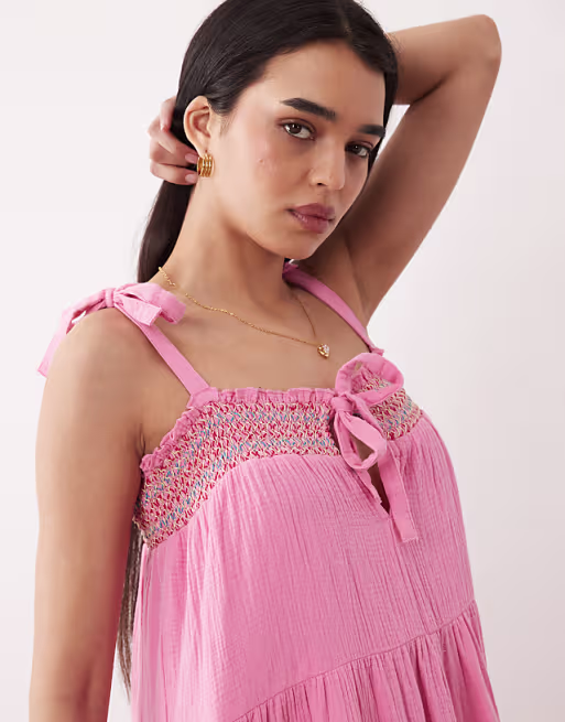 Iisla & Bird beach maxi dress with shirred detailing in pink