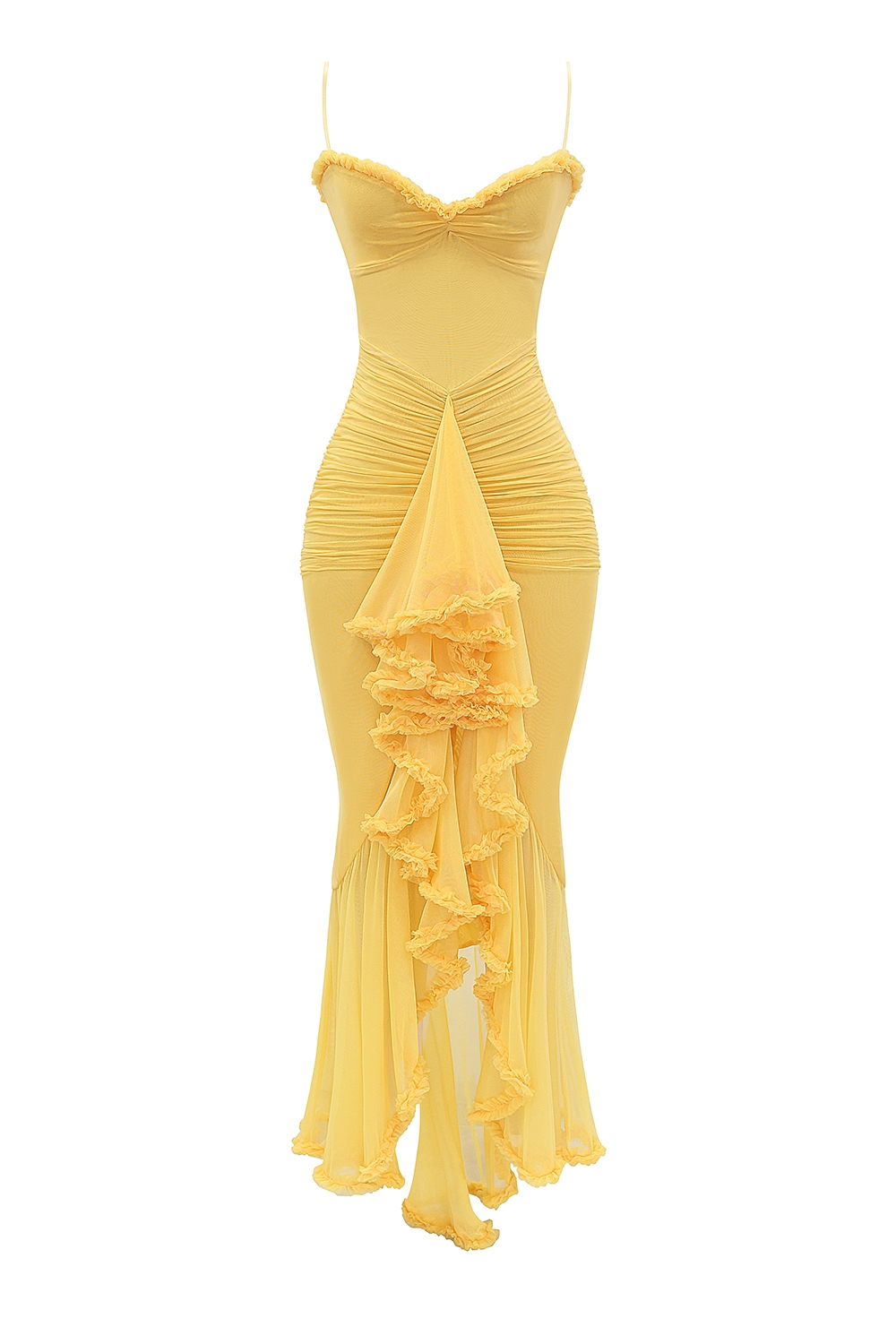 apricot ruffled front gown