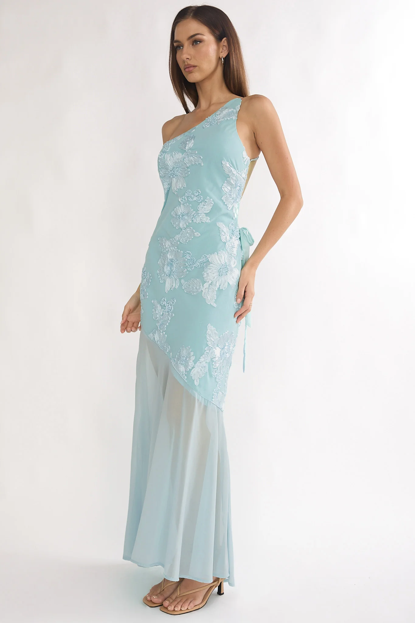 Mireya One-Shoulder Sheer Hem Maxi Dress Aqua