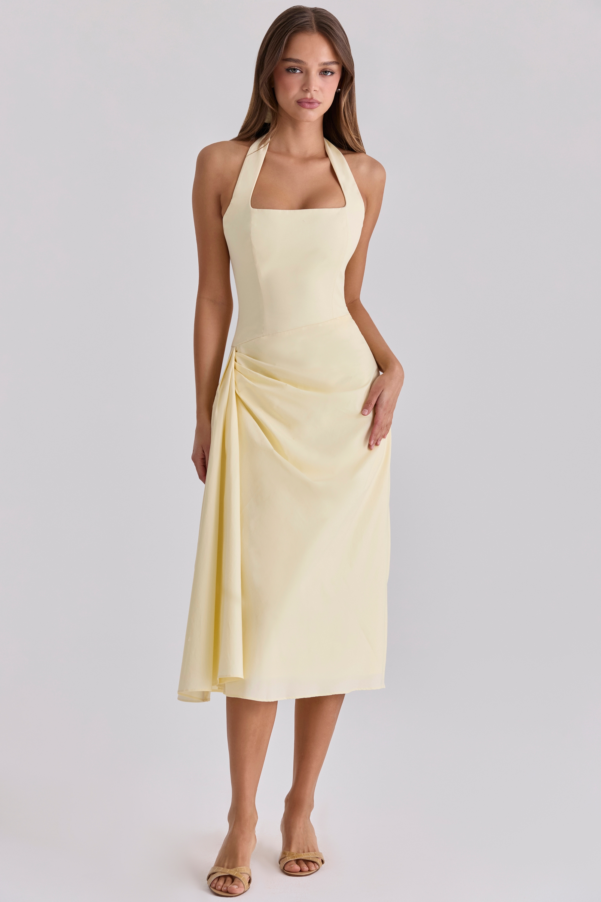 lemon halter neck cotton midi dress