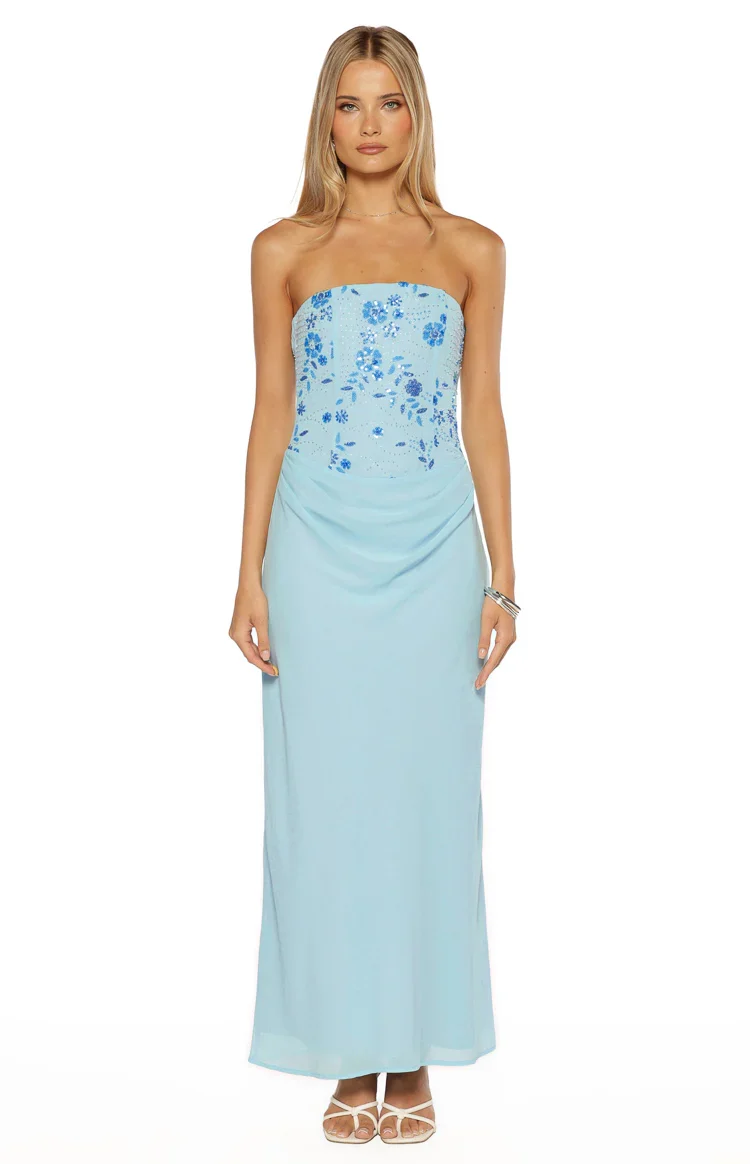 Serenity Blue Strapless Beaded Party Maxi Dress