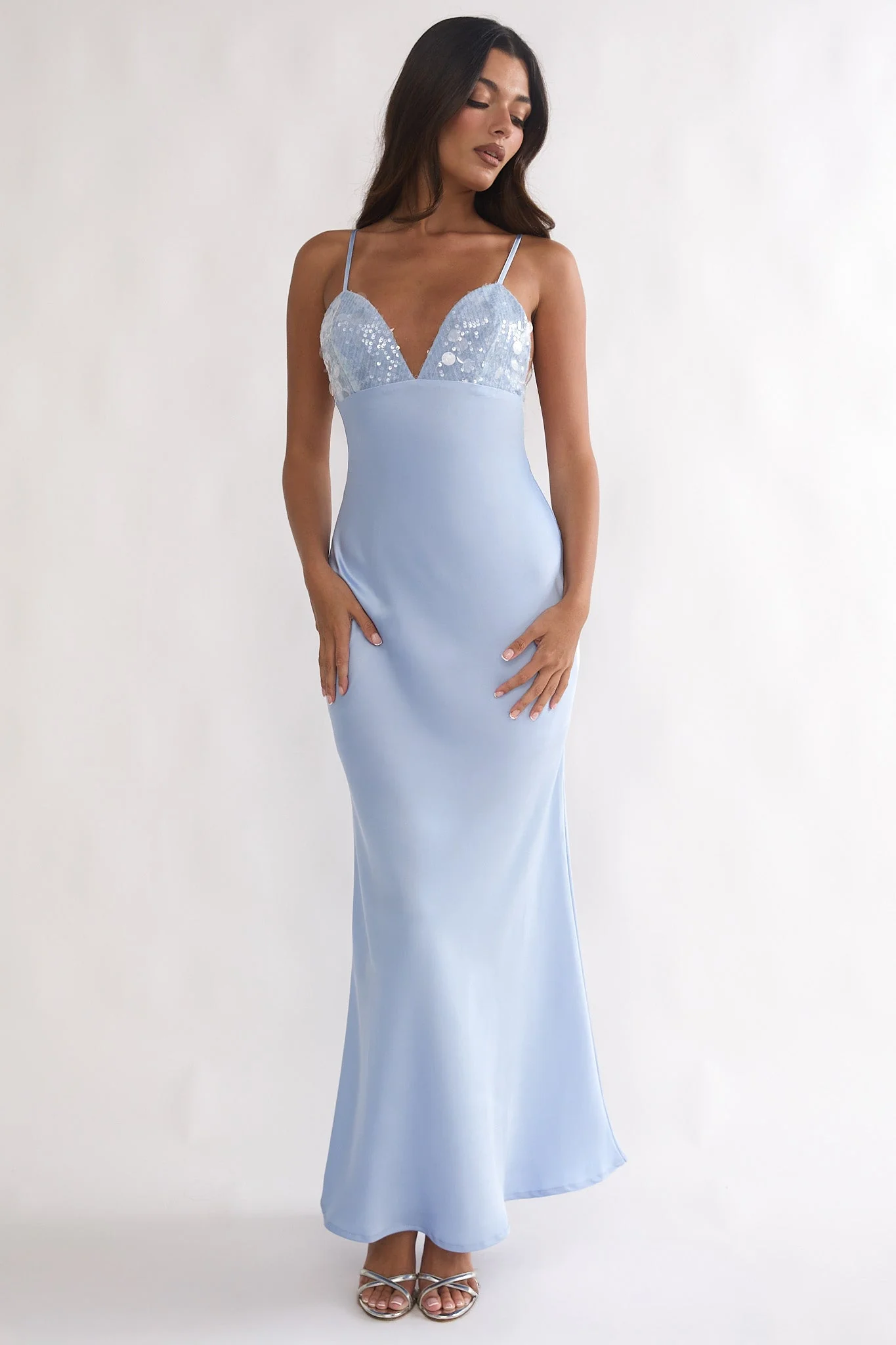 Brynn Sequin Bust Open Back Maxi Dress Blue