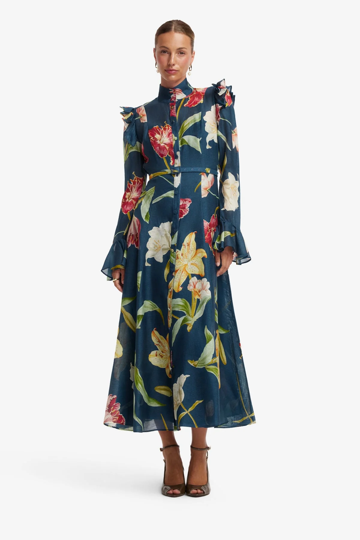 Katrina Butterfly Sleeve Midi Dress - Lily Print in Indigo