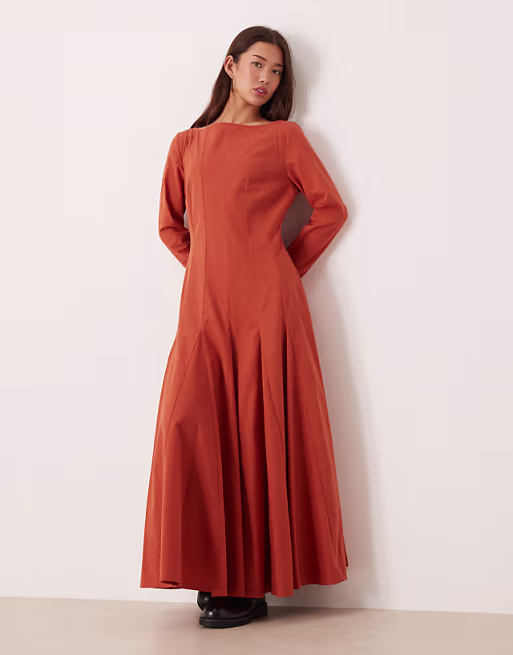 slash neck maxi dress with full skirt in terracotta