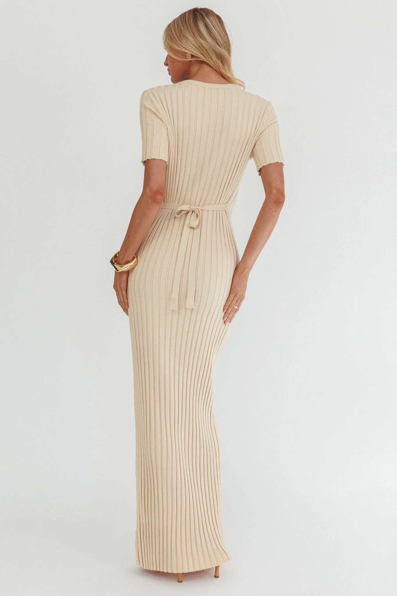 Faylen Waist Tie Ribbed Knit Maxi Dress Cream - luluinthesky