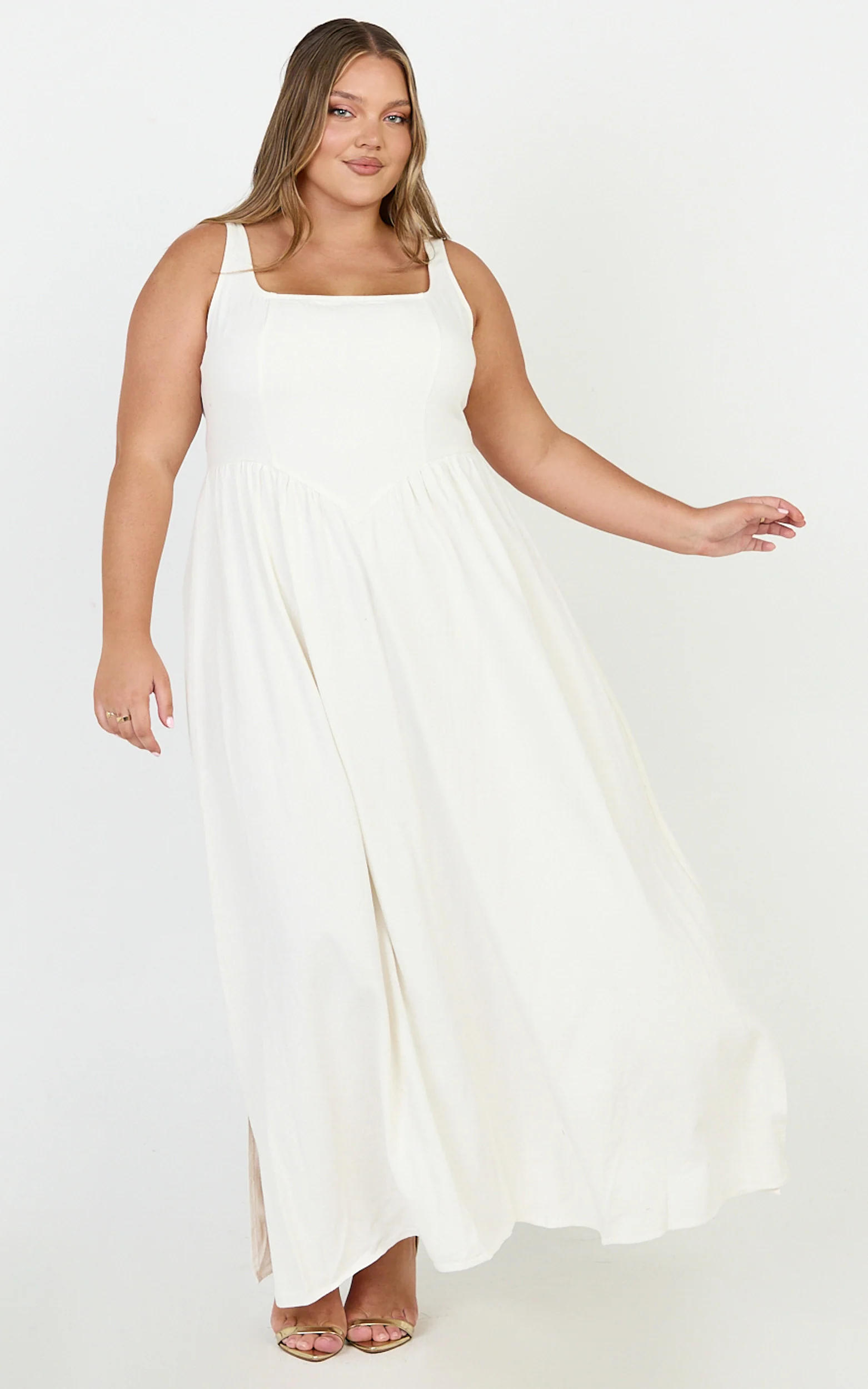 Rhaziya Midi Dress - Sleeveless Straight Neck Fit and Flare Dress in White