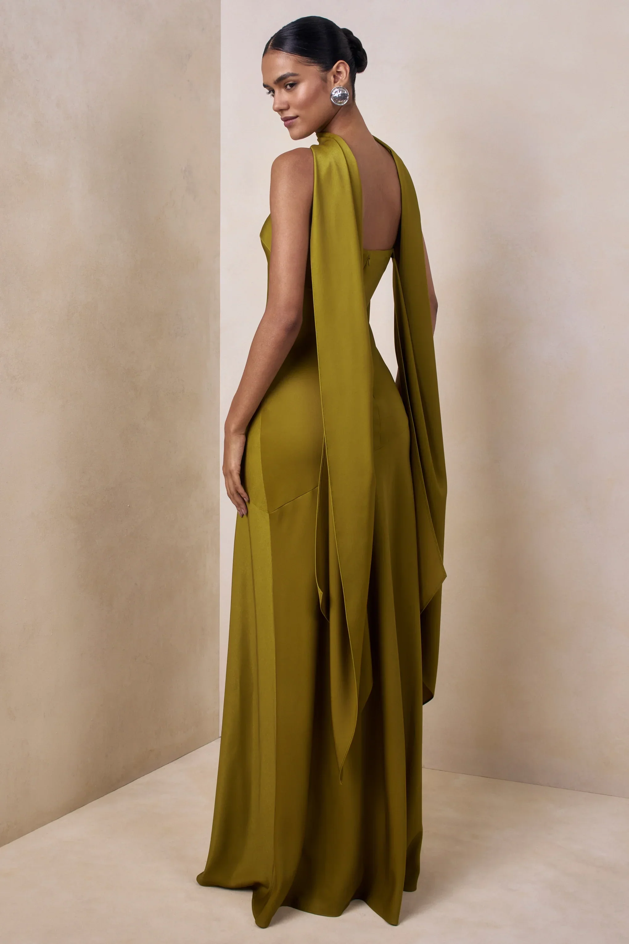 Charly | Olive Satin Bandeau Maxi Dress With Scarf-Detail