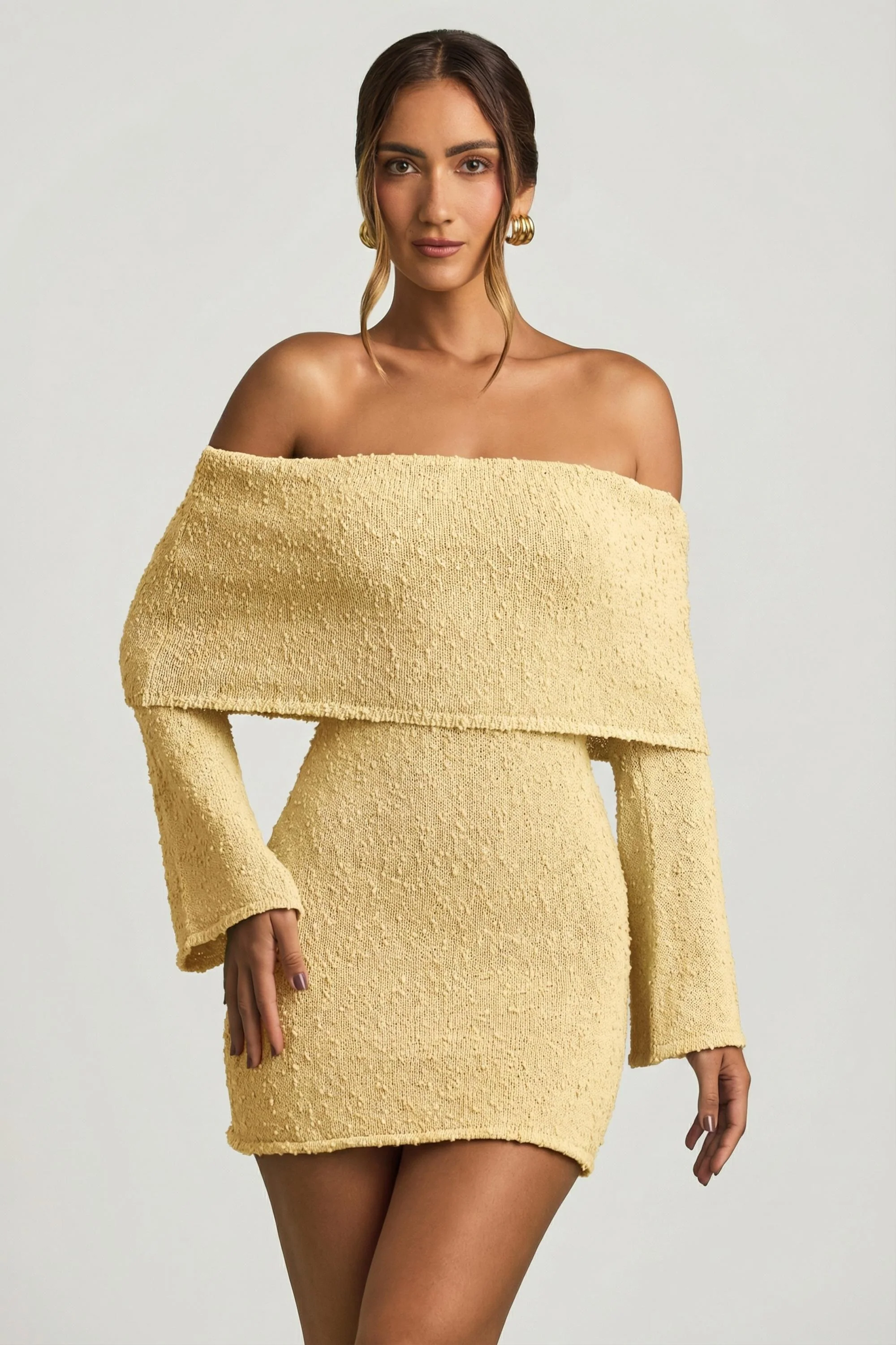Bouclé Off-Shoulder Mini Dress in Yellow
