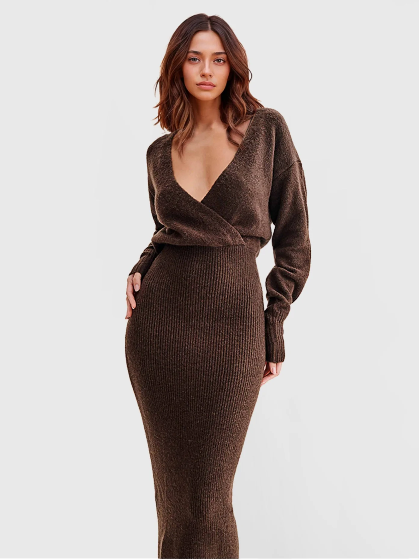 V-Neck Knit Ribbed Dress