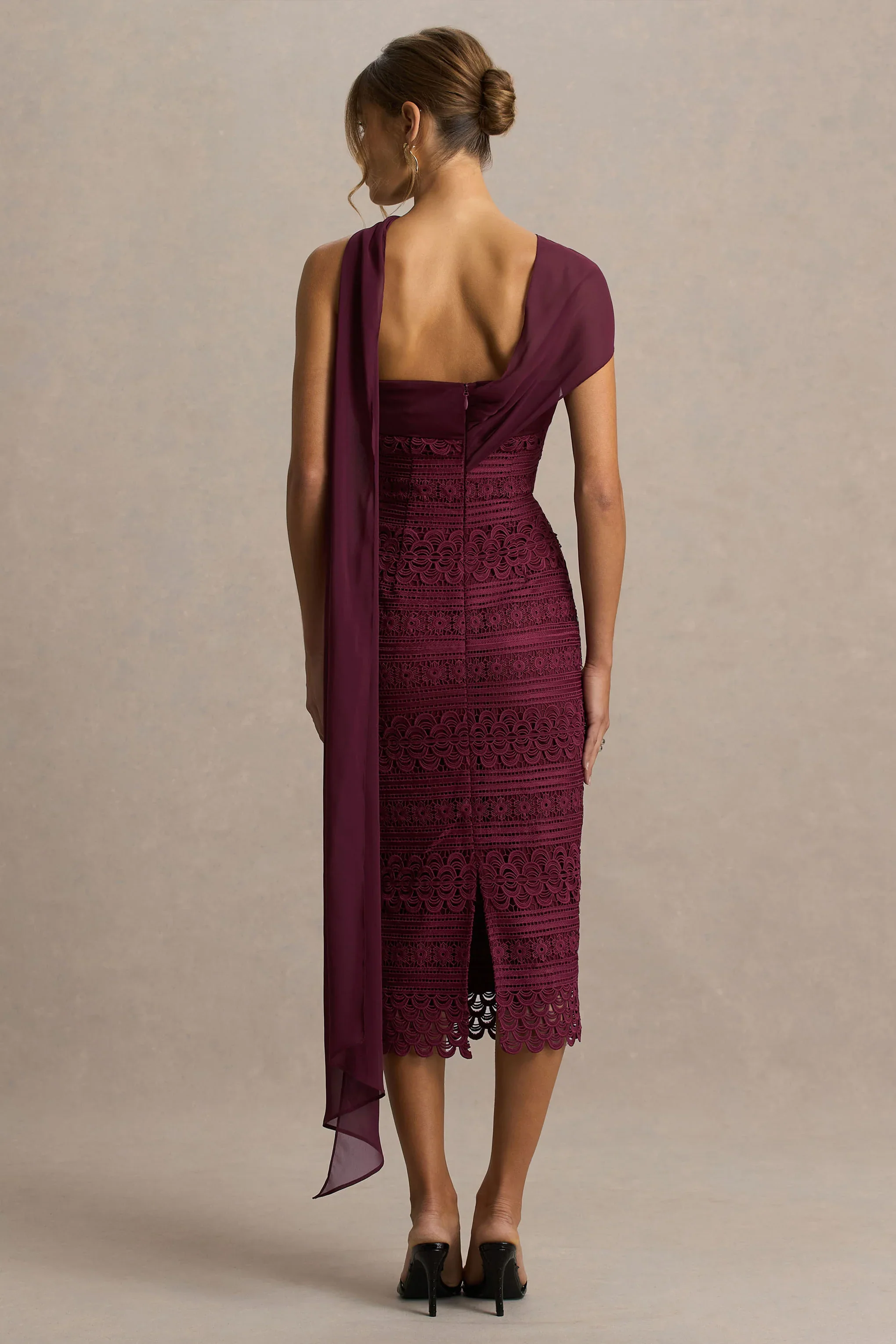 Secret | Burgundy Bandeau Lace Midi Dress With Scarf Detail