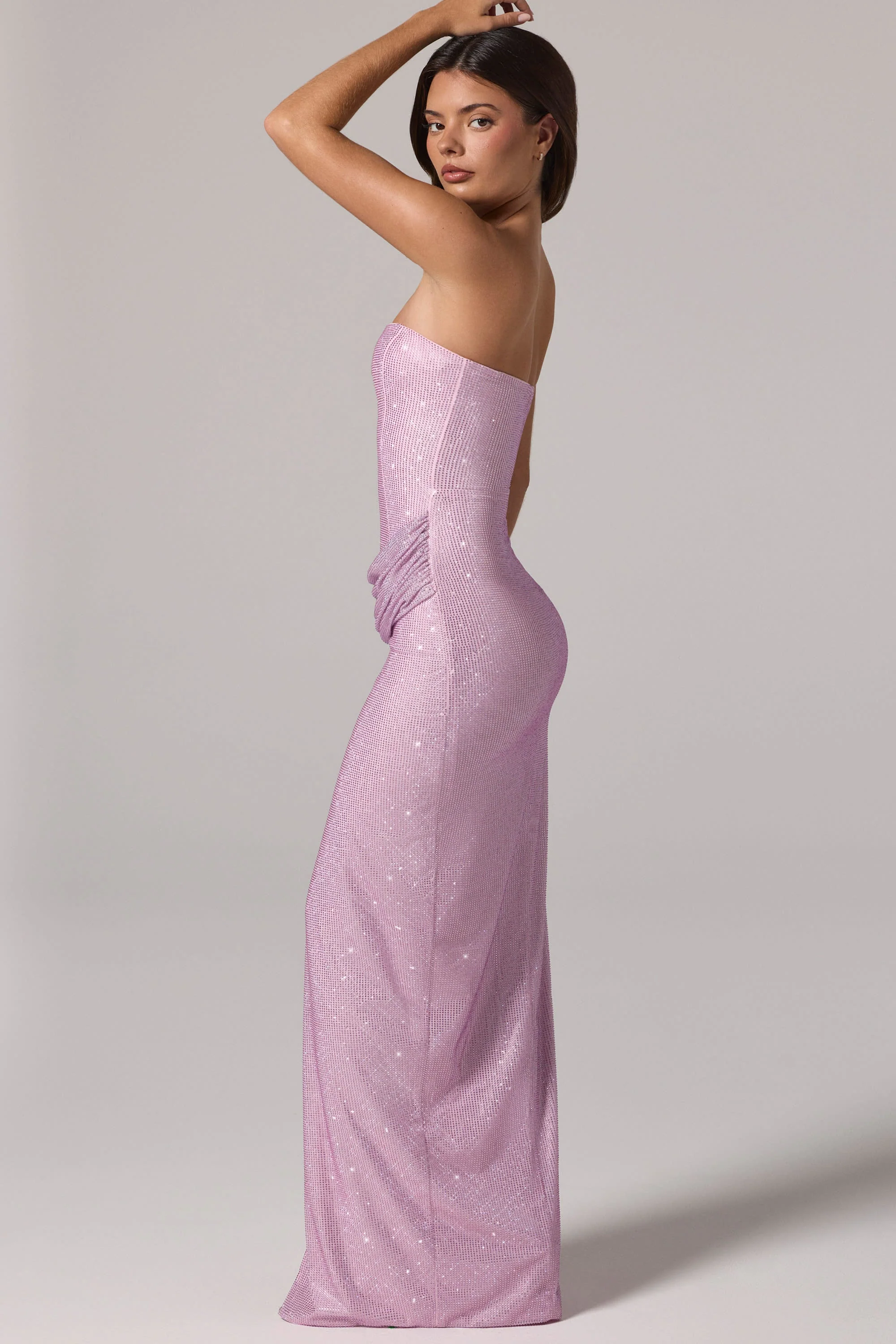 Embellished Bandeau Cowl-Waist Maxi Dress in Pink