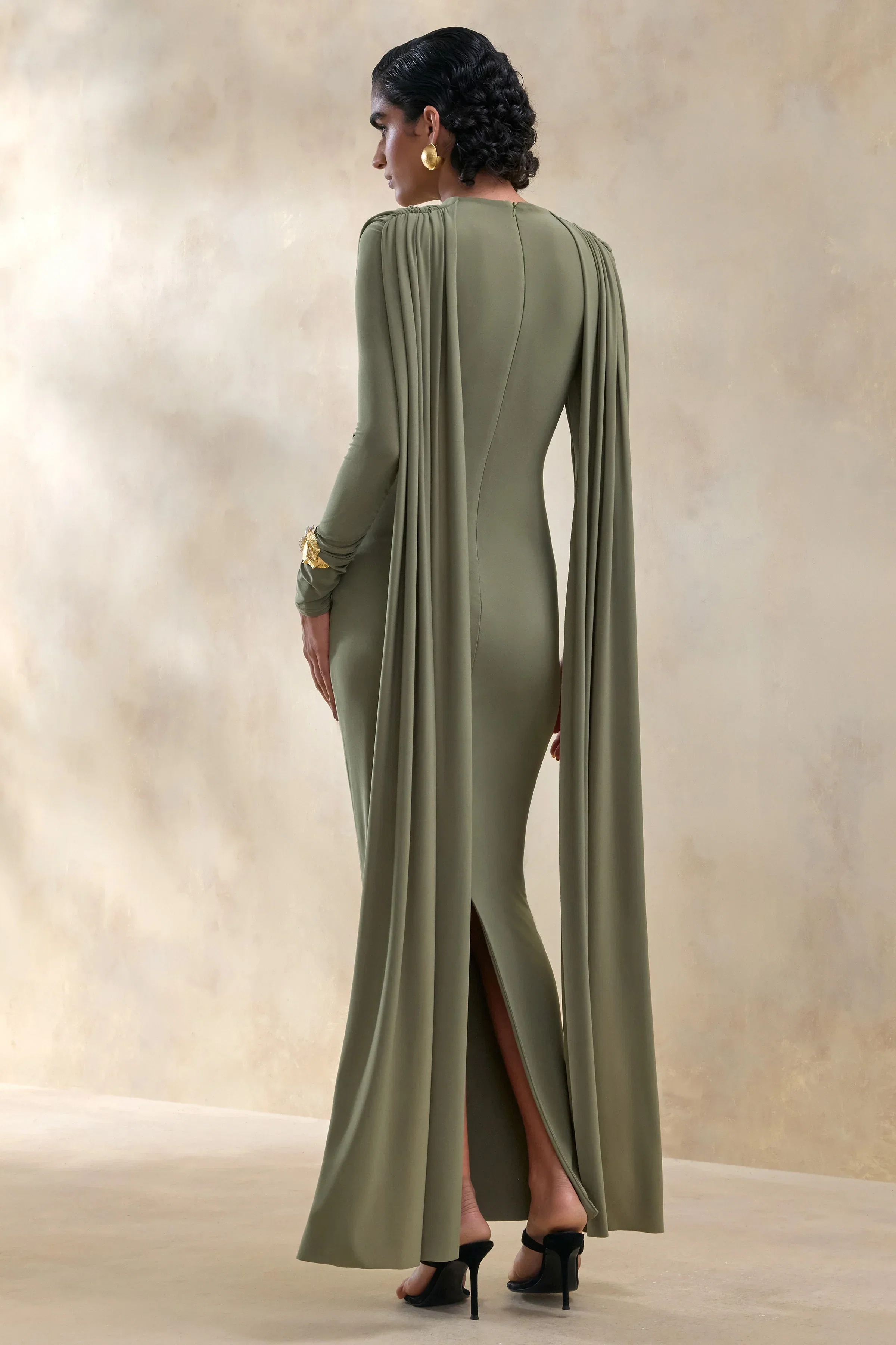 Lysoria | Olive High-Neck Maxi Dress With Draped-Detailing And Cape-Sleeves