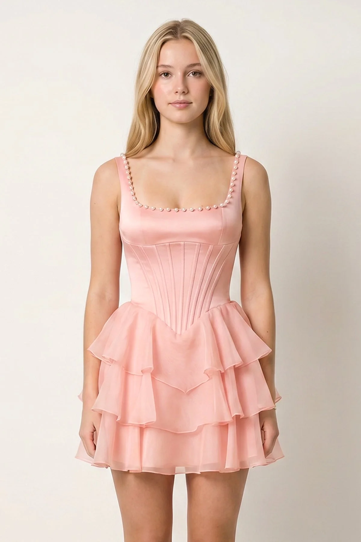 Rose Pink Square Neck Tiered A-Line Corset Satin Homecoming Dress With Pearl