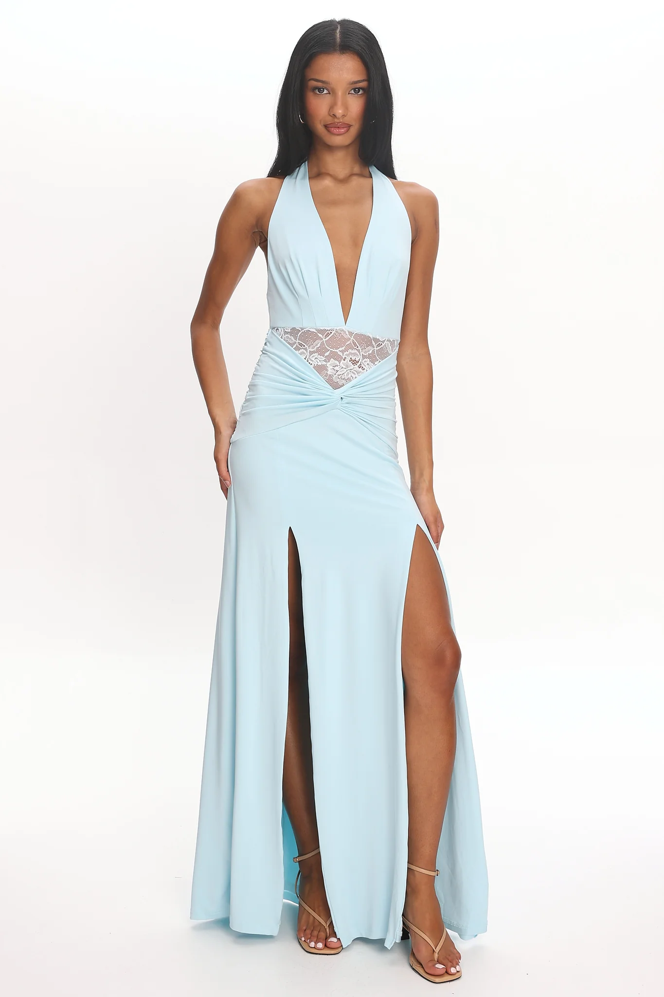 Swan Song Ruched Slit Maxi Dress Blue - luluinthesky