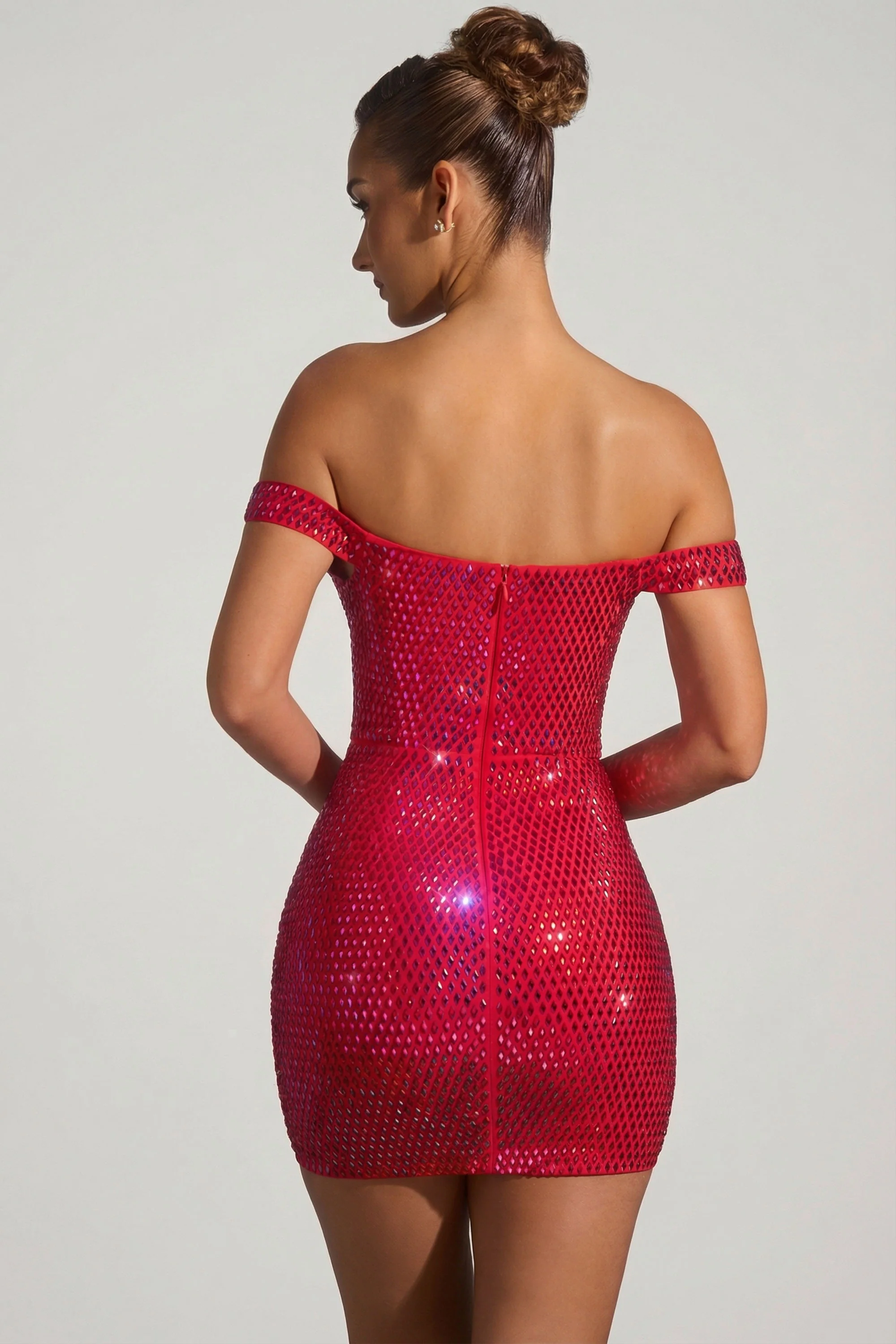 Embellished Off-Shoulder Mini Dress in Crimson Red