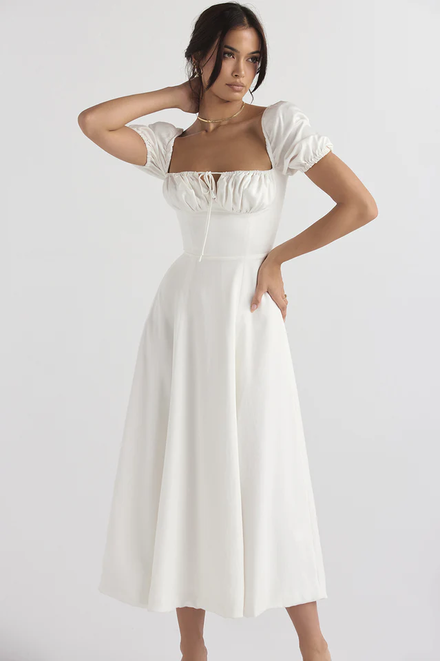 Tallulah White Puff Sleeve Midi Dress