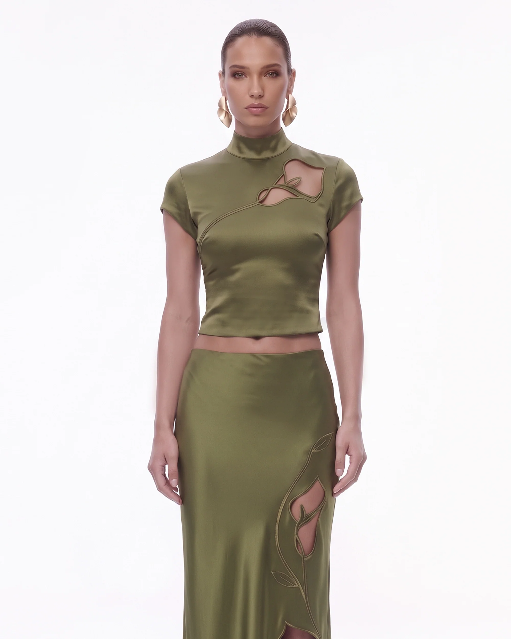 Floral Cutout Satin Top - Olive Green
