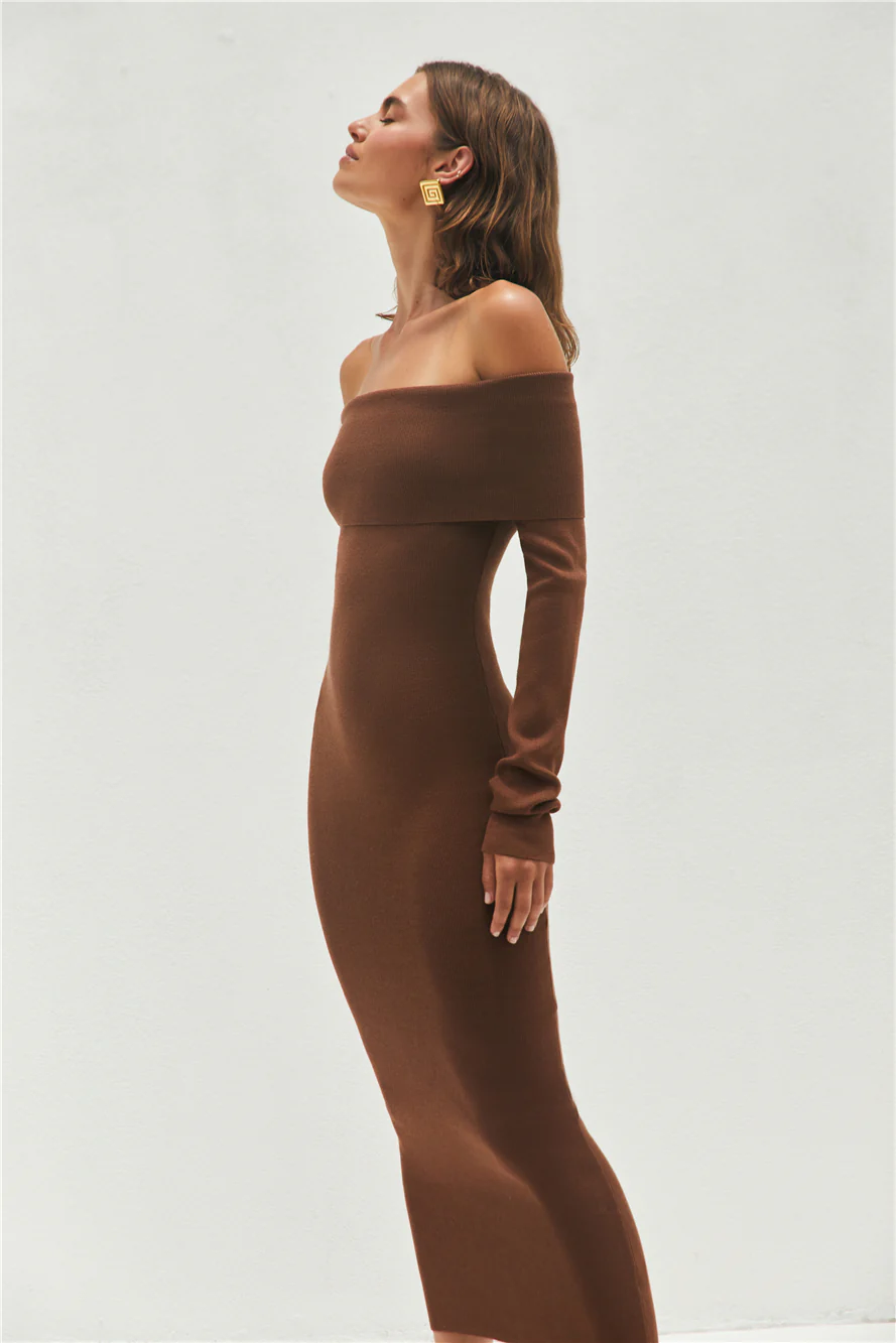Angels Sing Off Shoulder Knit Maxi Dress Chocolate