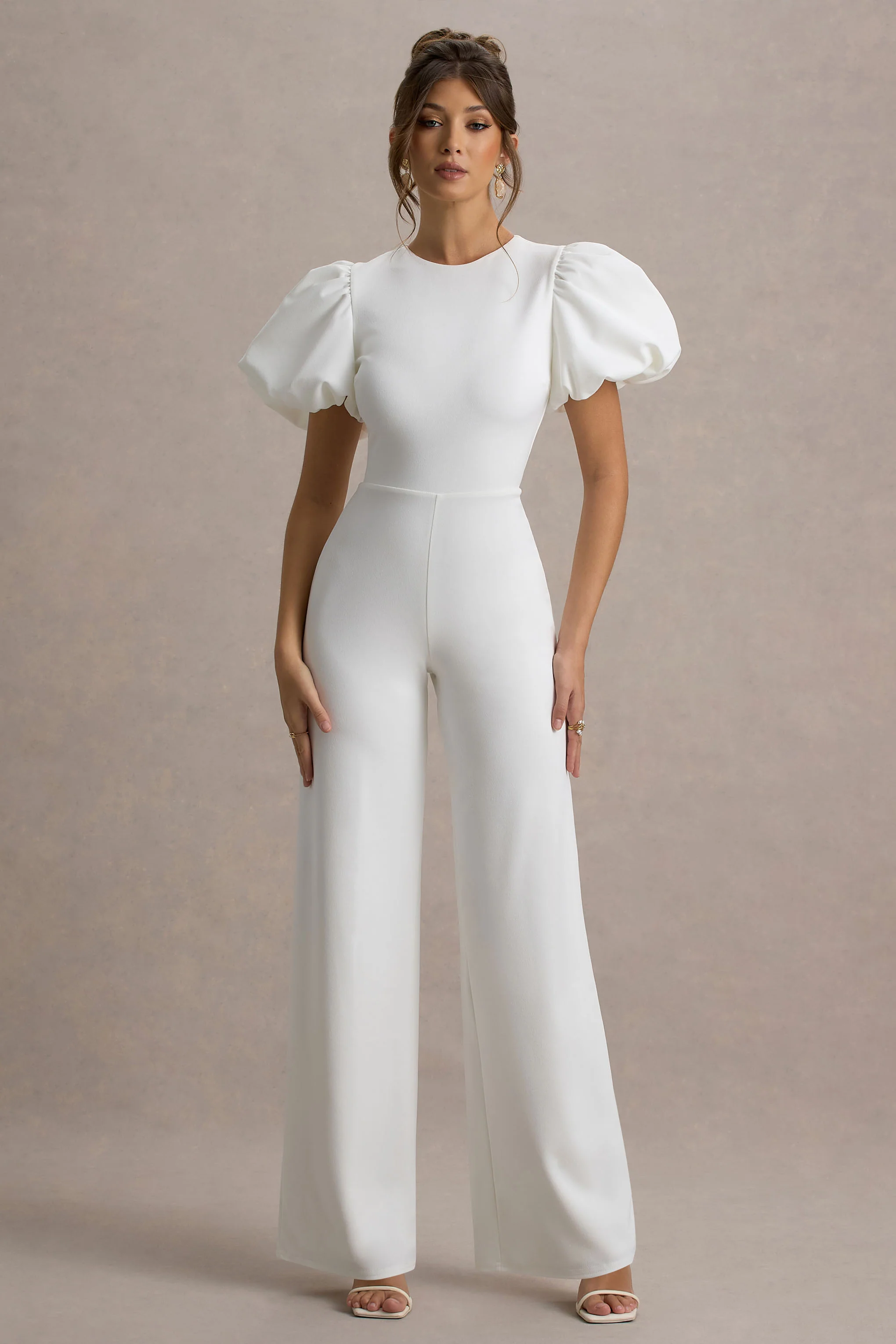Dillon | White Puff-Sleeve Straight-Leg Jumpsuit