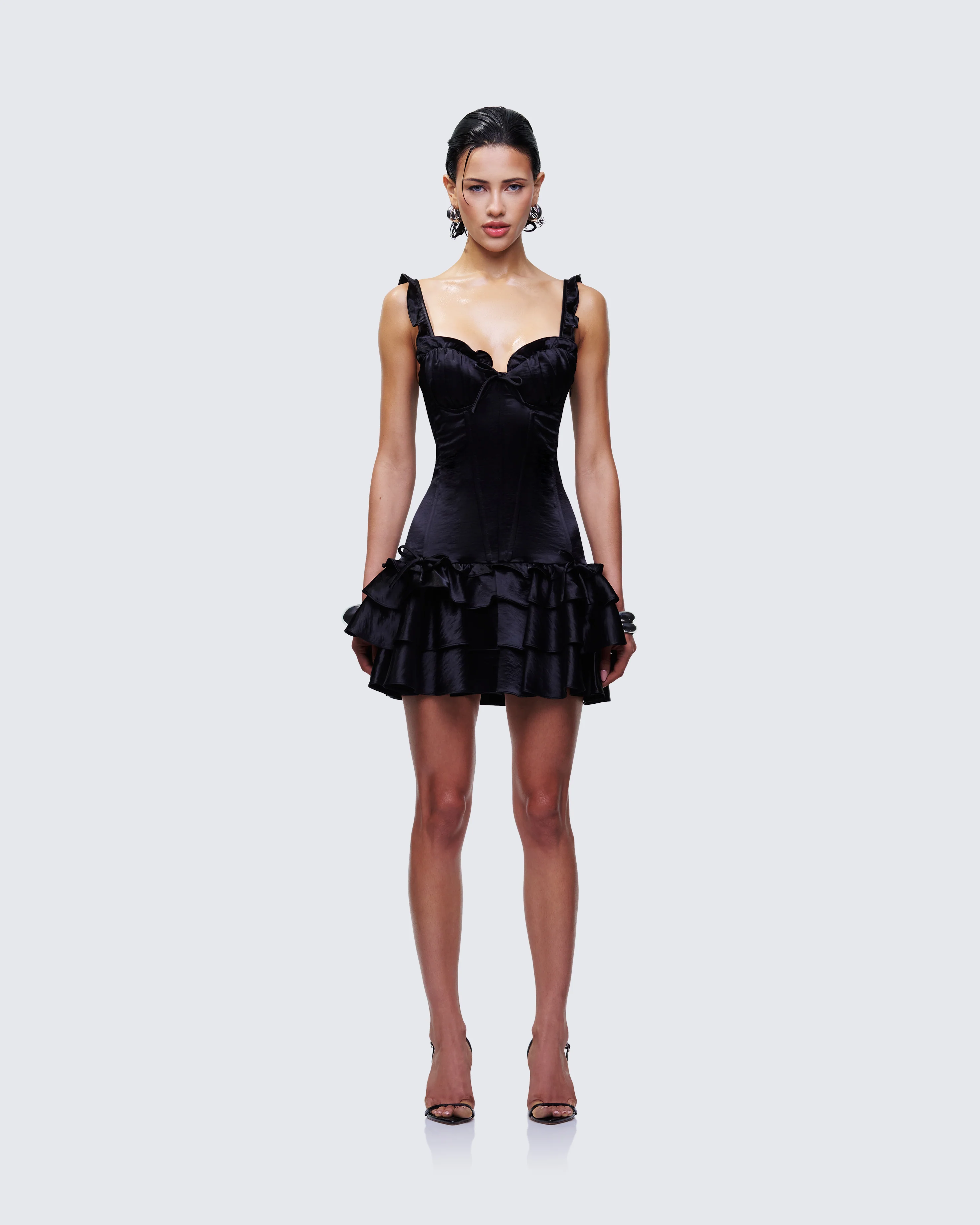 Odelle Black Satin Ruffle Dress