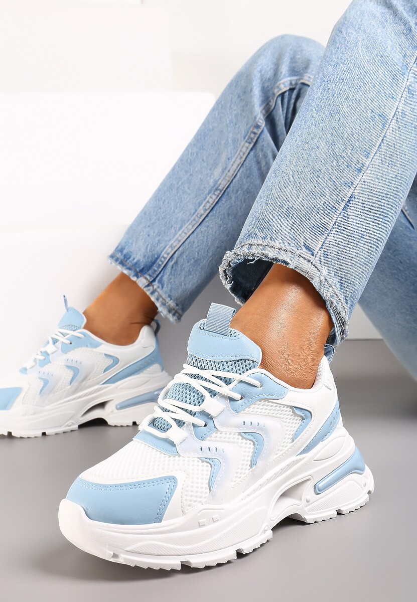 Biało-Niebieskie Sneakersy na Grubej Podeszwie z Metalicznymi Wstawkami Seta