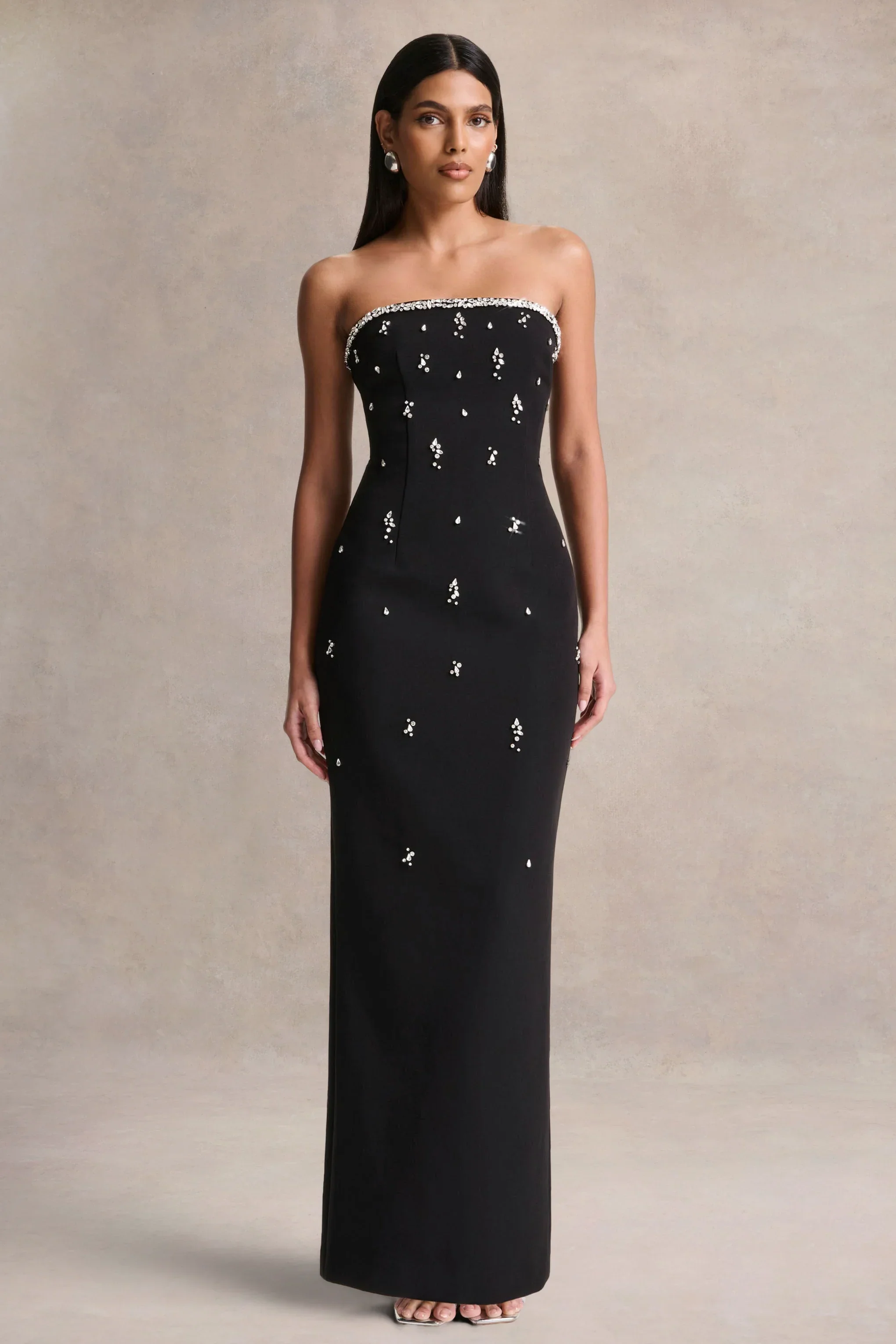 Rominia | Black Bandeau Hand-Embellished Maxi Dress