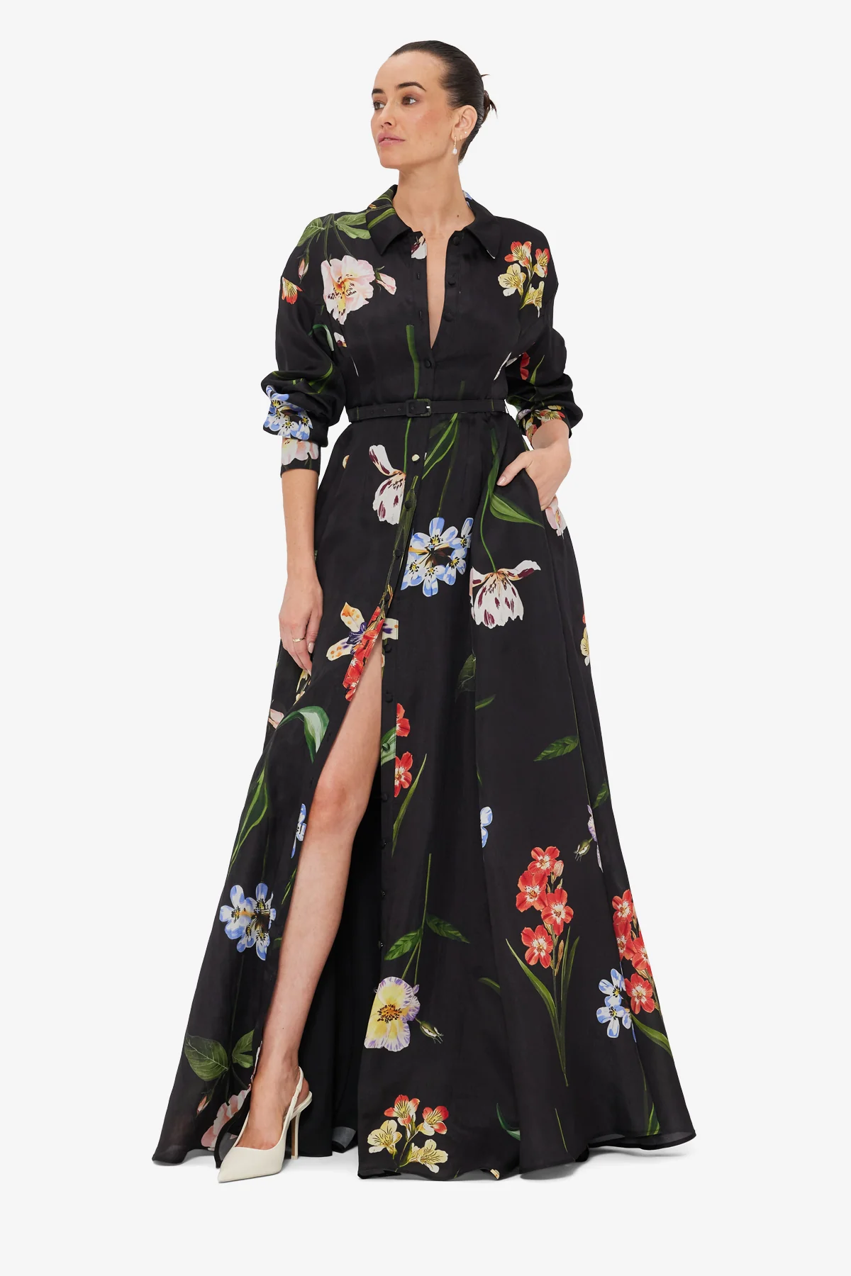 Josephine Silk Gown - Botanical Print in Ebony