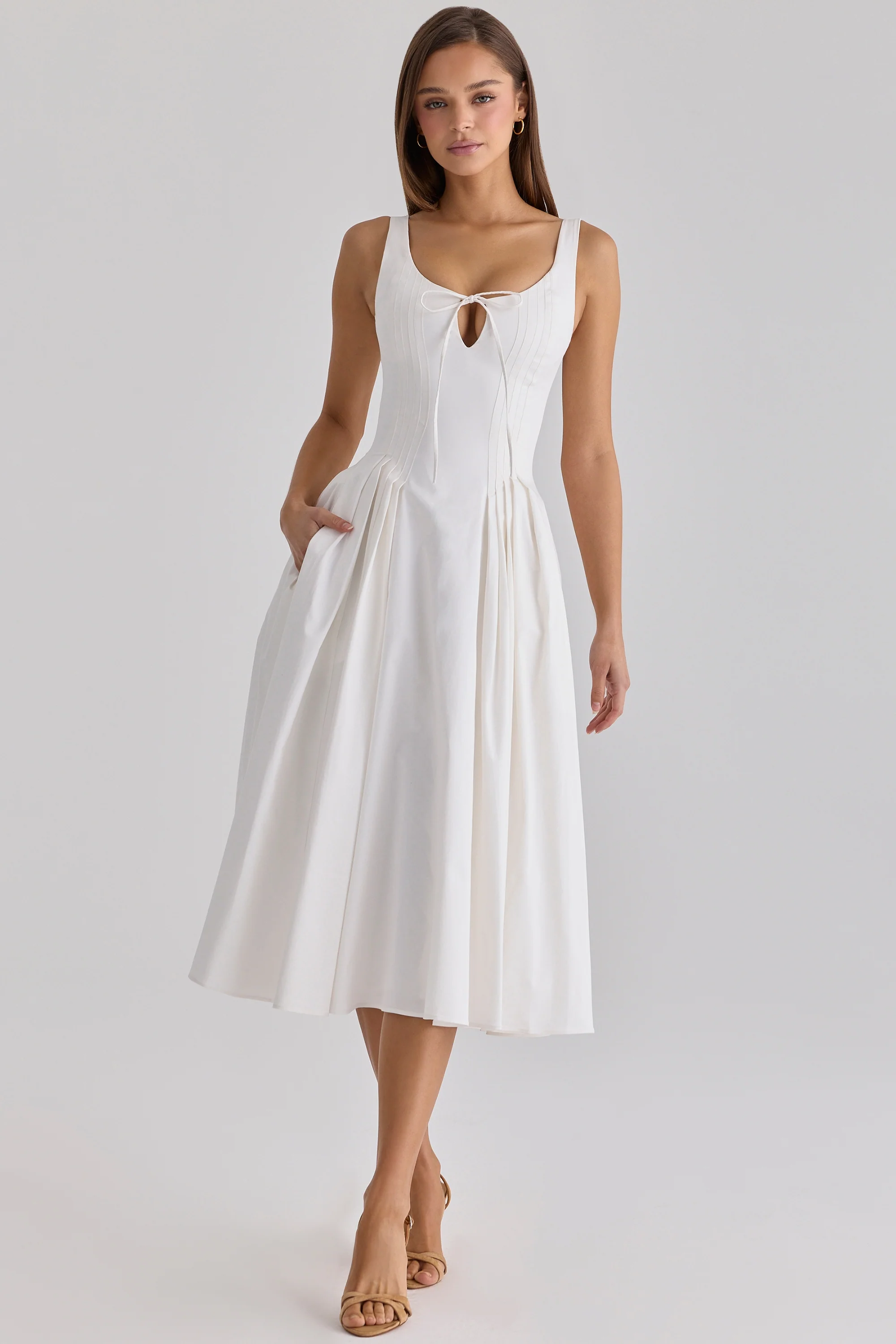 White Pleated Cotton Peekaboo Midi Dress