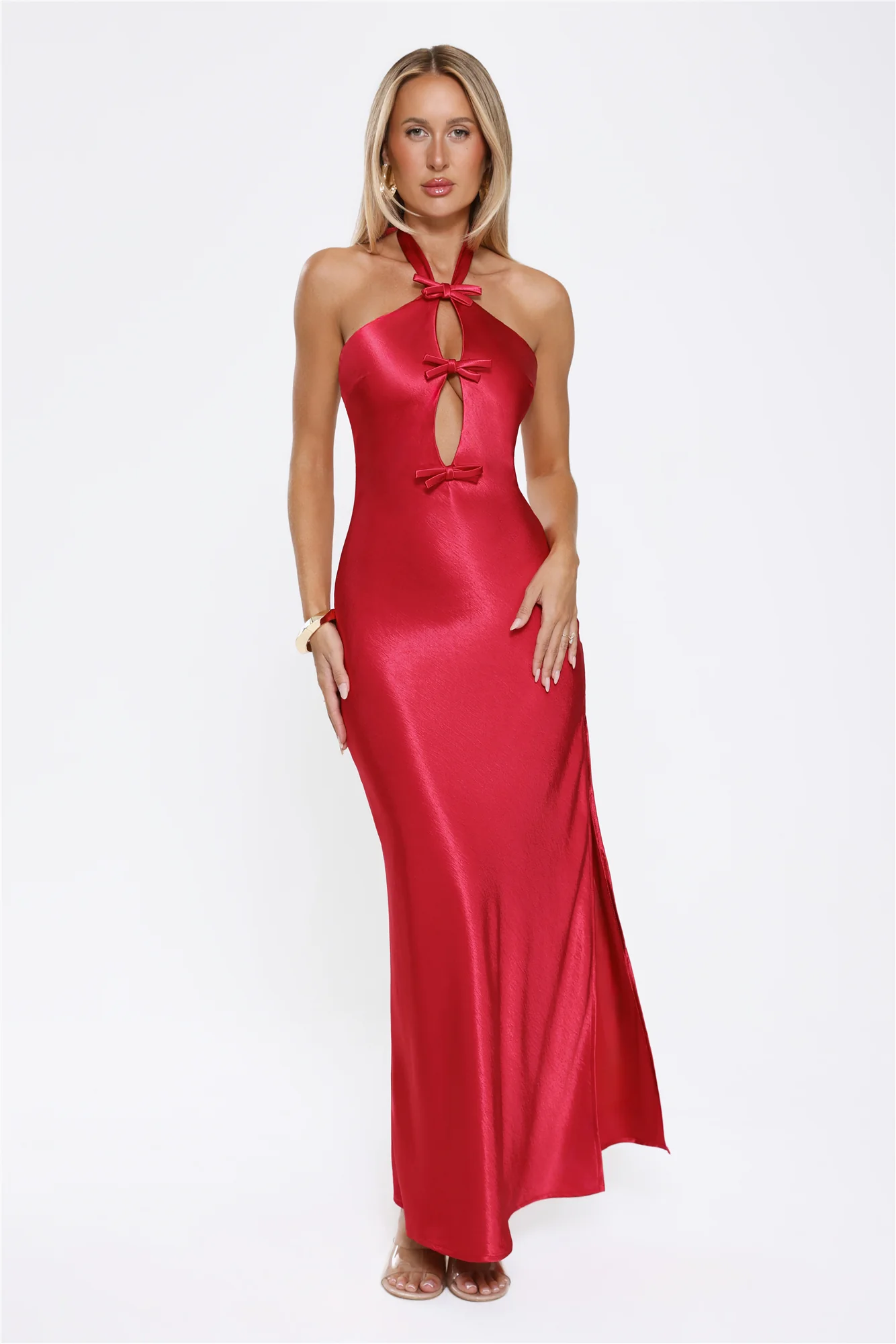 Sleek Halter Neck Cutout Satin Maxi Dress Red