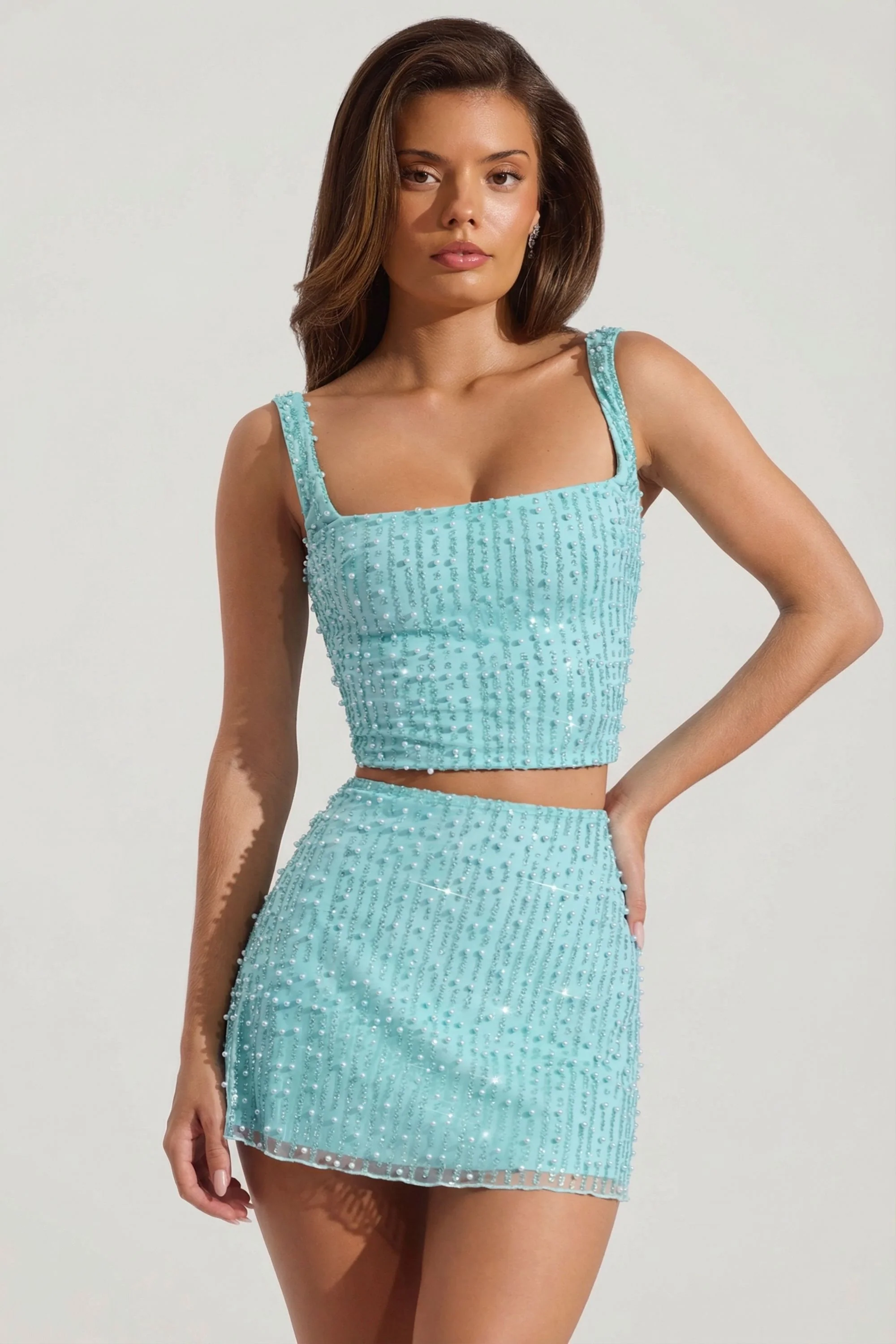 Embellished Low-Rise Mini Skirt in Aqua Blue