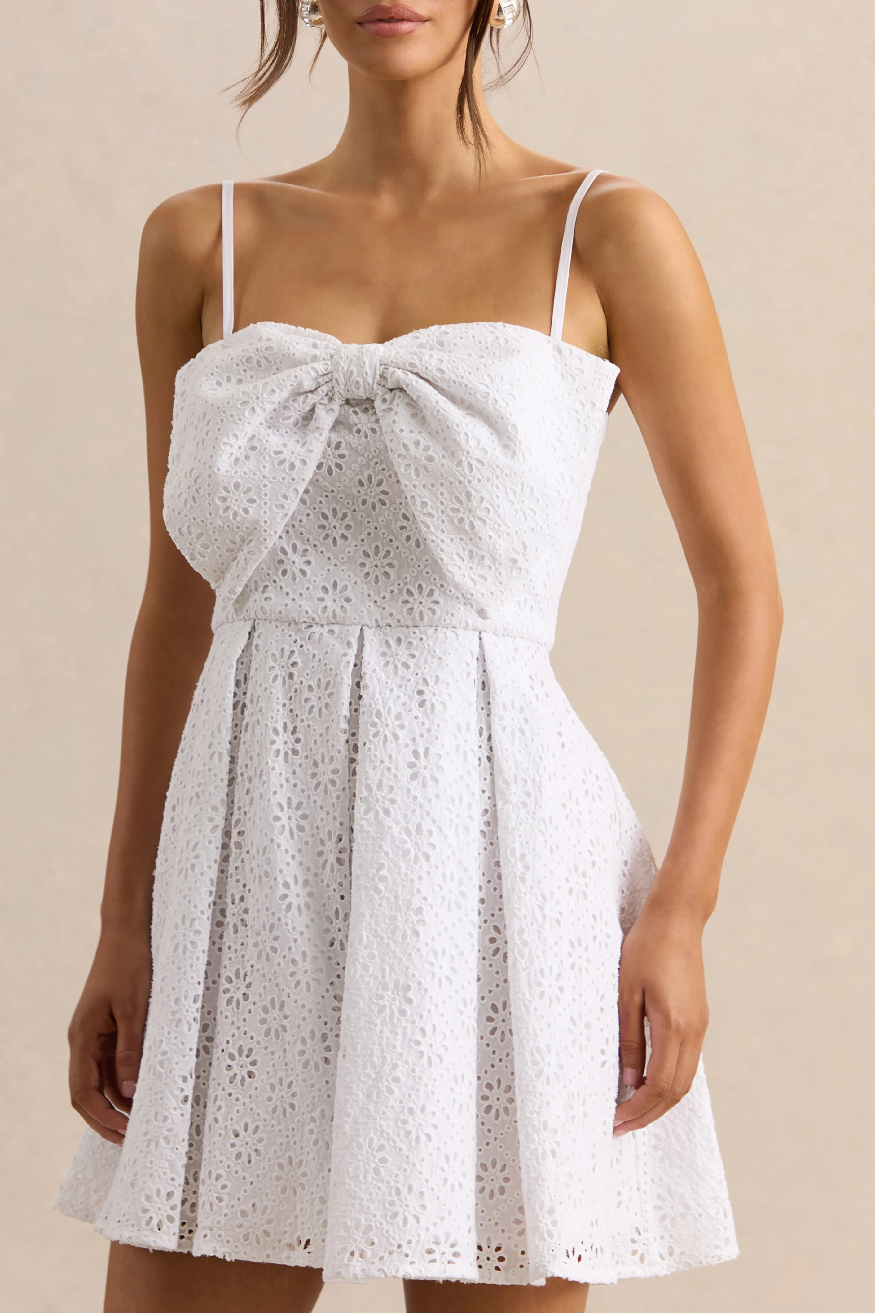 Elina | White Square-Neck Mini Dress With Bow Detail